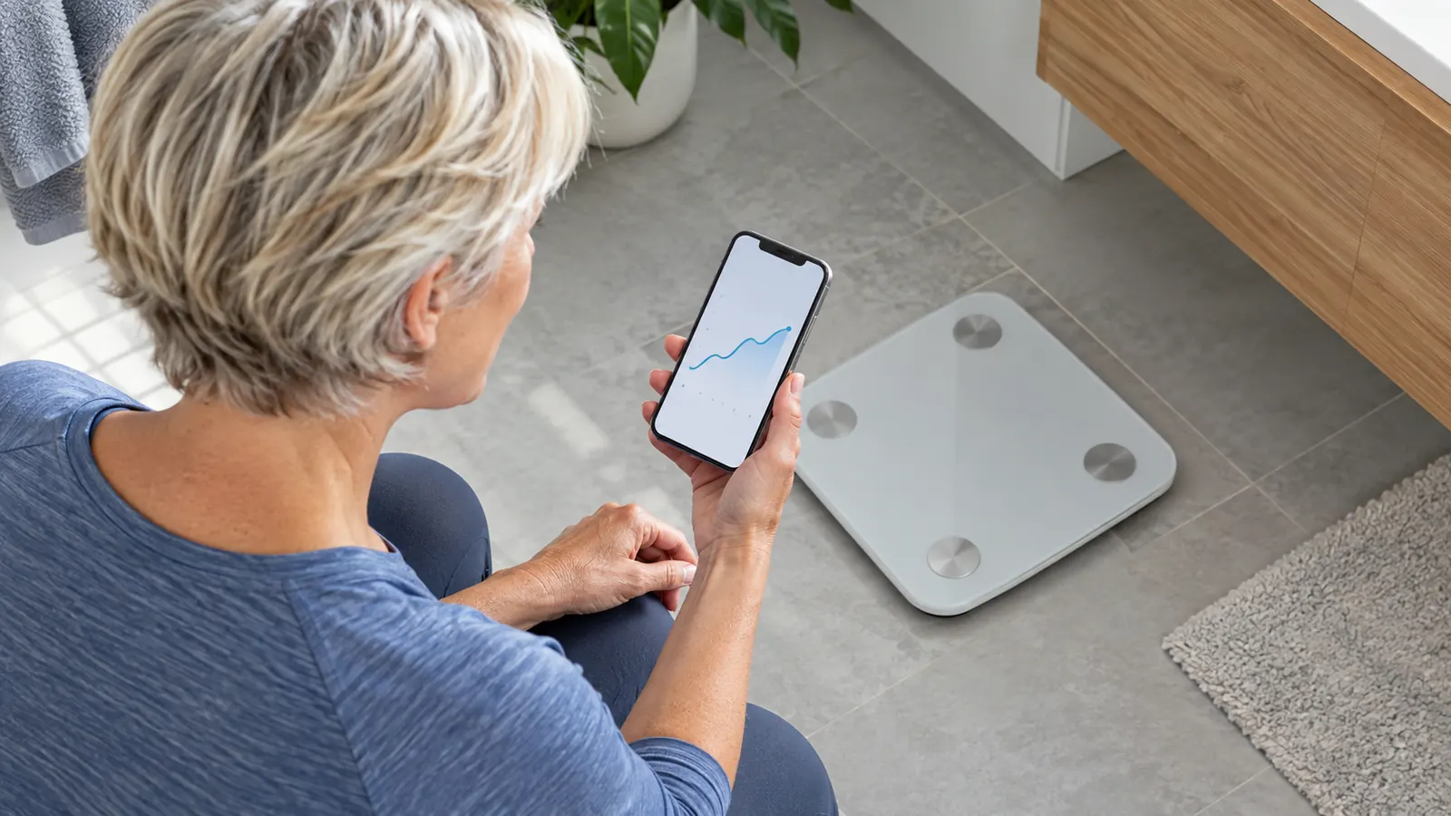 A hand holding a smartphone showing a simple graph beside a smart scale on a bathroom floor