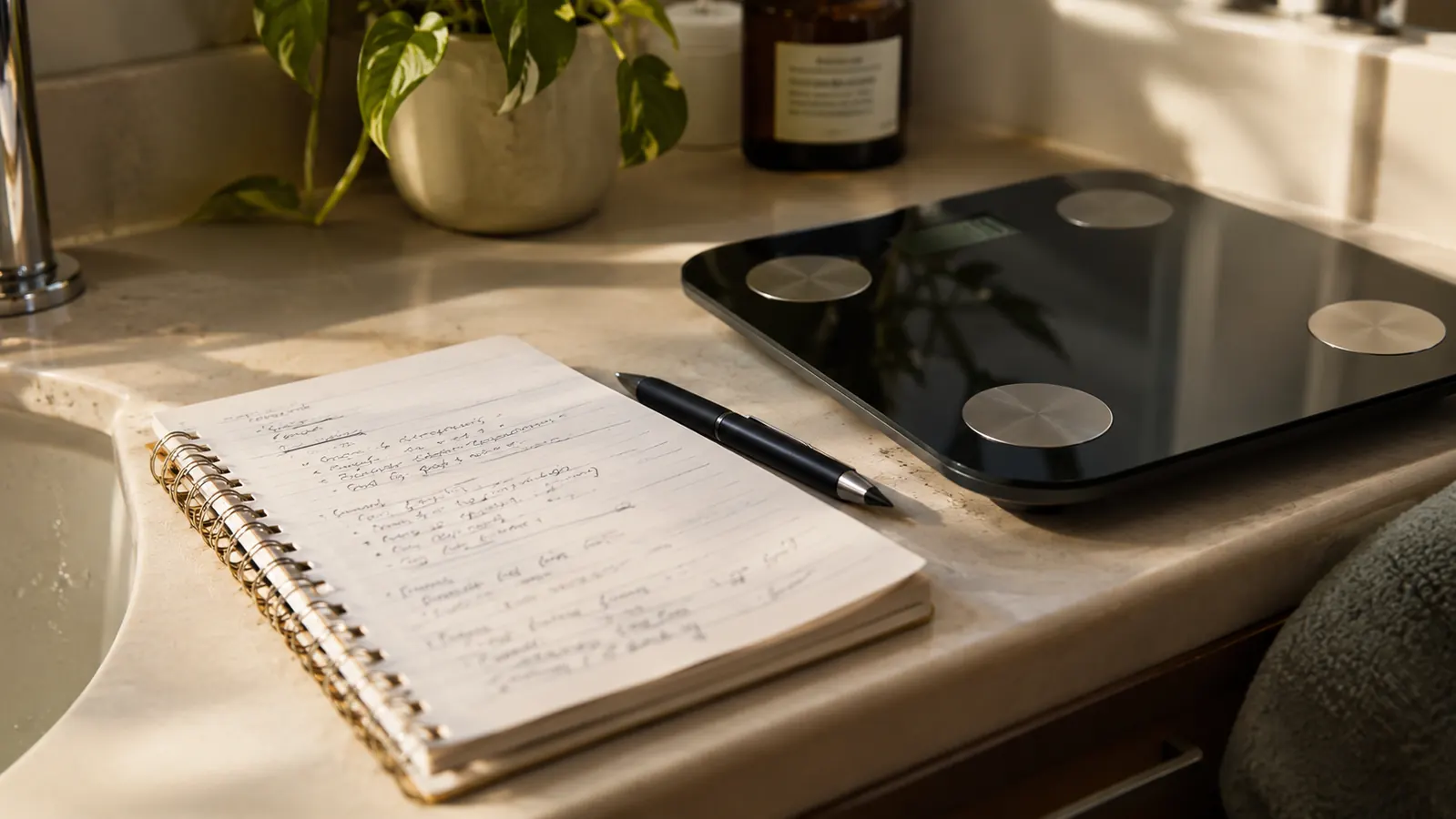 A spiral notebook with handwritten notes next to a smart scale on a bathroom counter