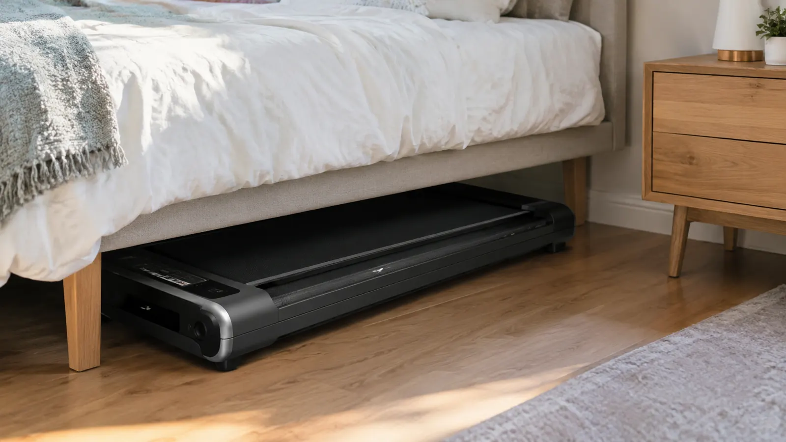 The folded walking pad tucked under a bed
