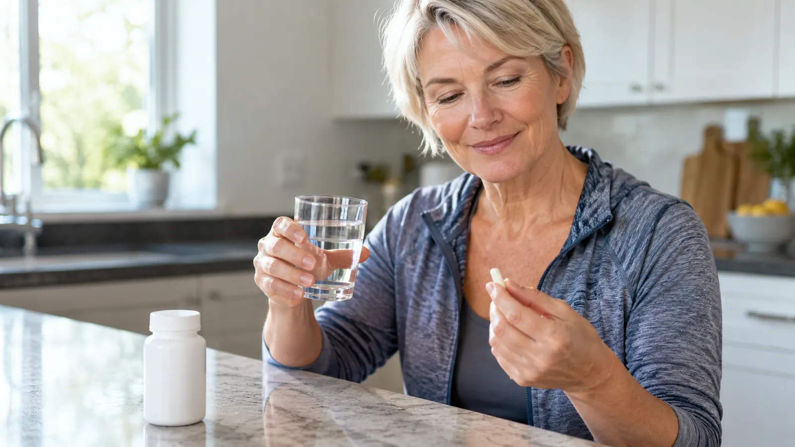 A glass of water and a supplement capsule on a kitchen counter