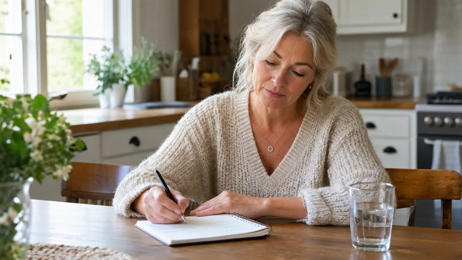 A woman in her late 50s writing in a spiral notebook at a kitchen table