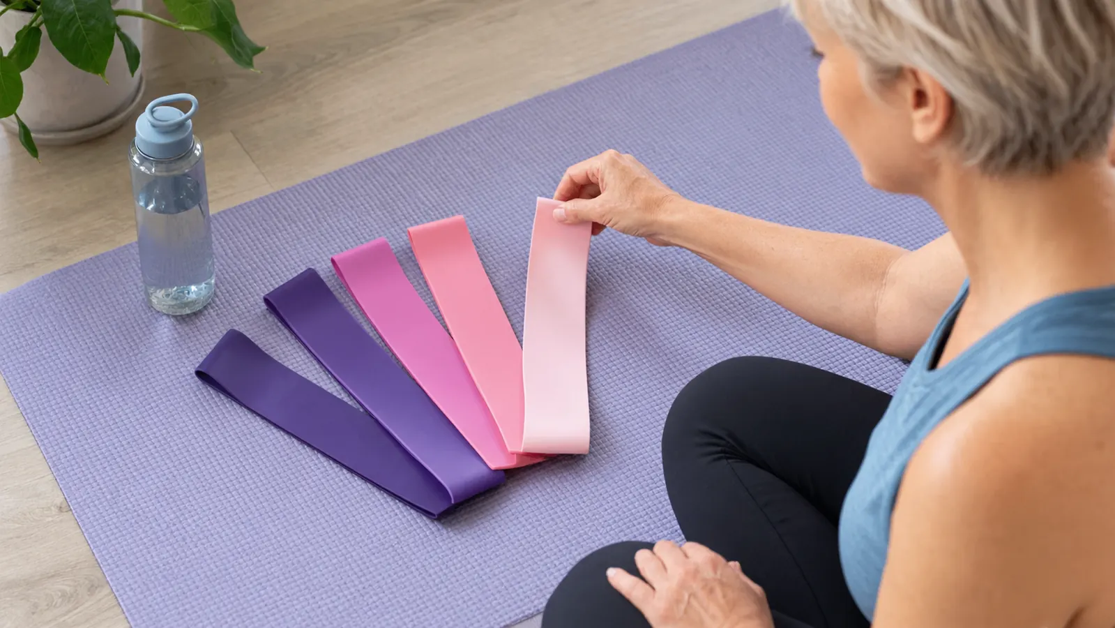 A set of five colored resistance loop bands laid out on a yoga mat