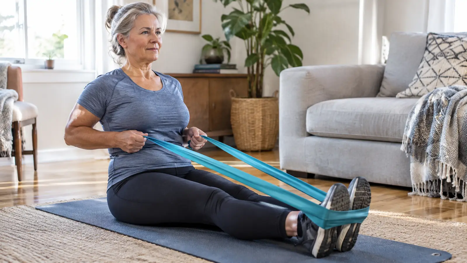 A woman in her late 50s doing a seated row with a band looped around her feet