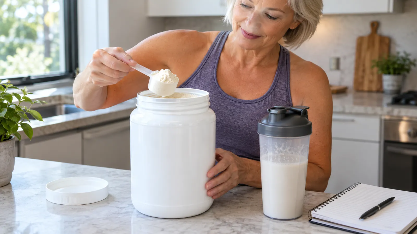 an open tub of whey protein powder with a scoop on a kitchen counter beside a shaker bottle and a spiral notebook