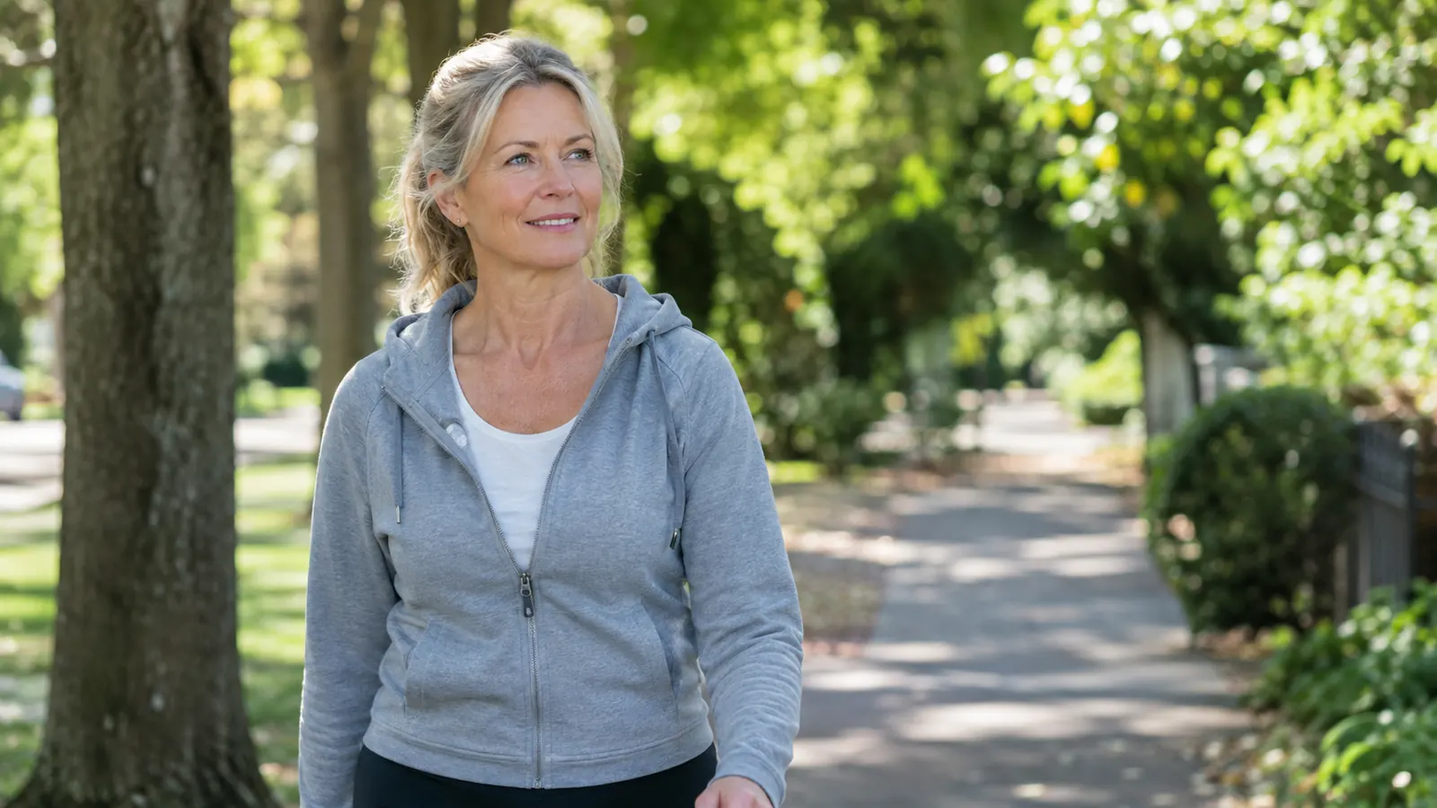 a woman in her late 50s in walking shoes walking on a tree-lined neighborhood path in morning light