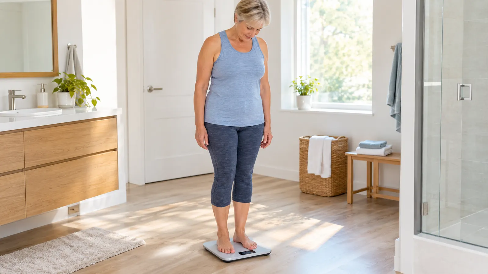 a woman in her late 50s stepping onto a digital scale in a bathroom
