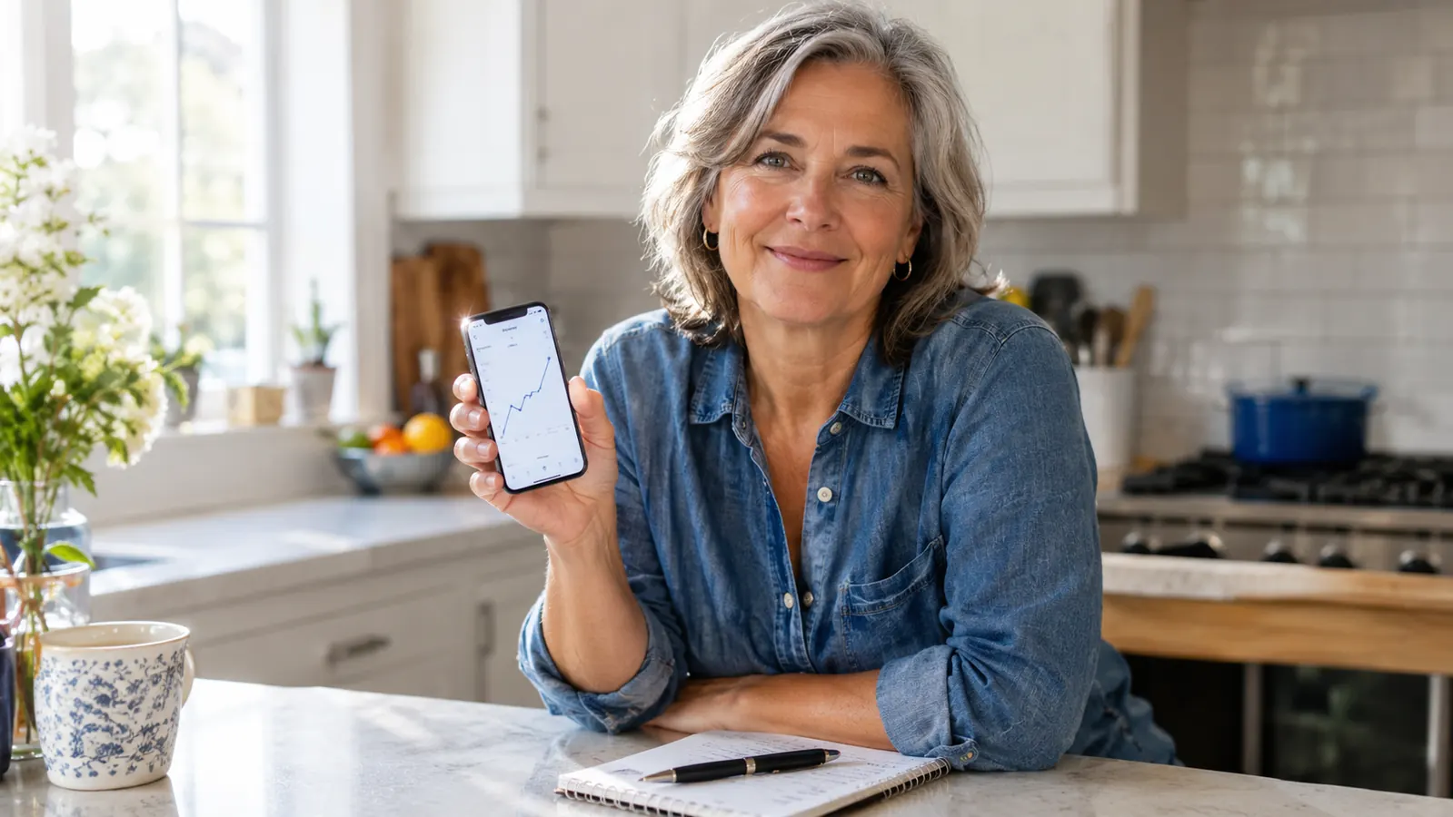 a woman in her late 50s at a kitchen counter looking at a phone showing a line chart, a spiral notebook beside her