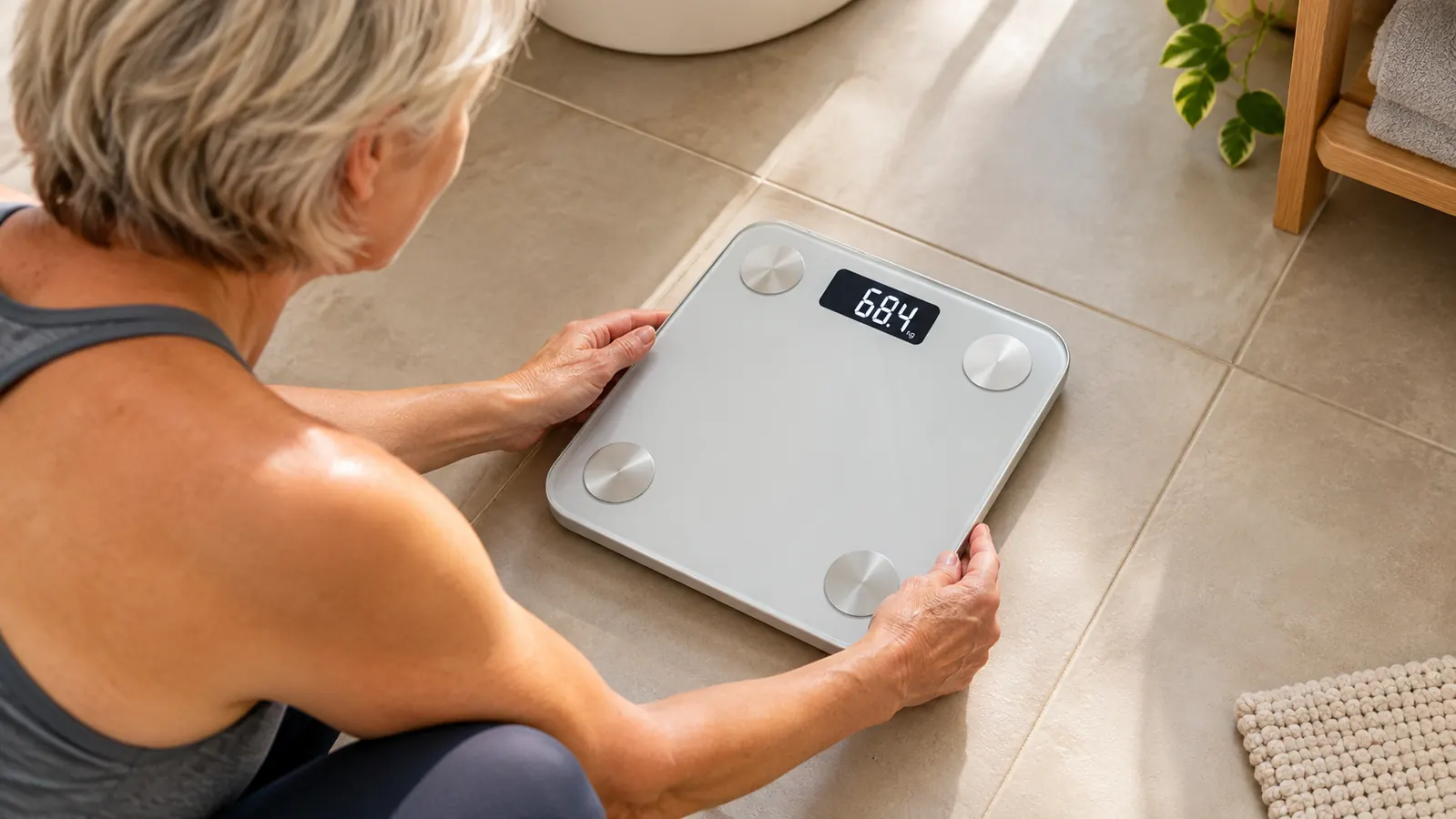 A close-up of a hand placing a smart scale flat on a bathroom tile floor, the scale display showing a weight reading