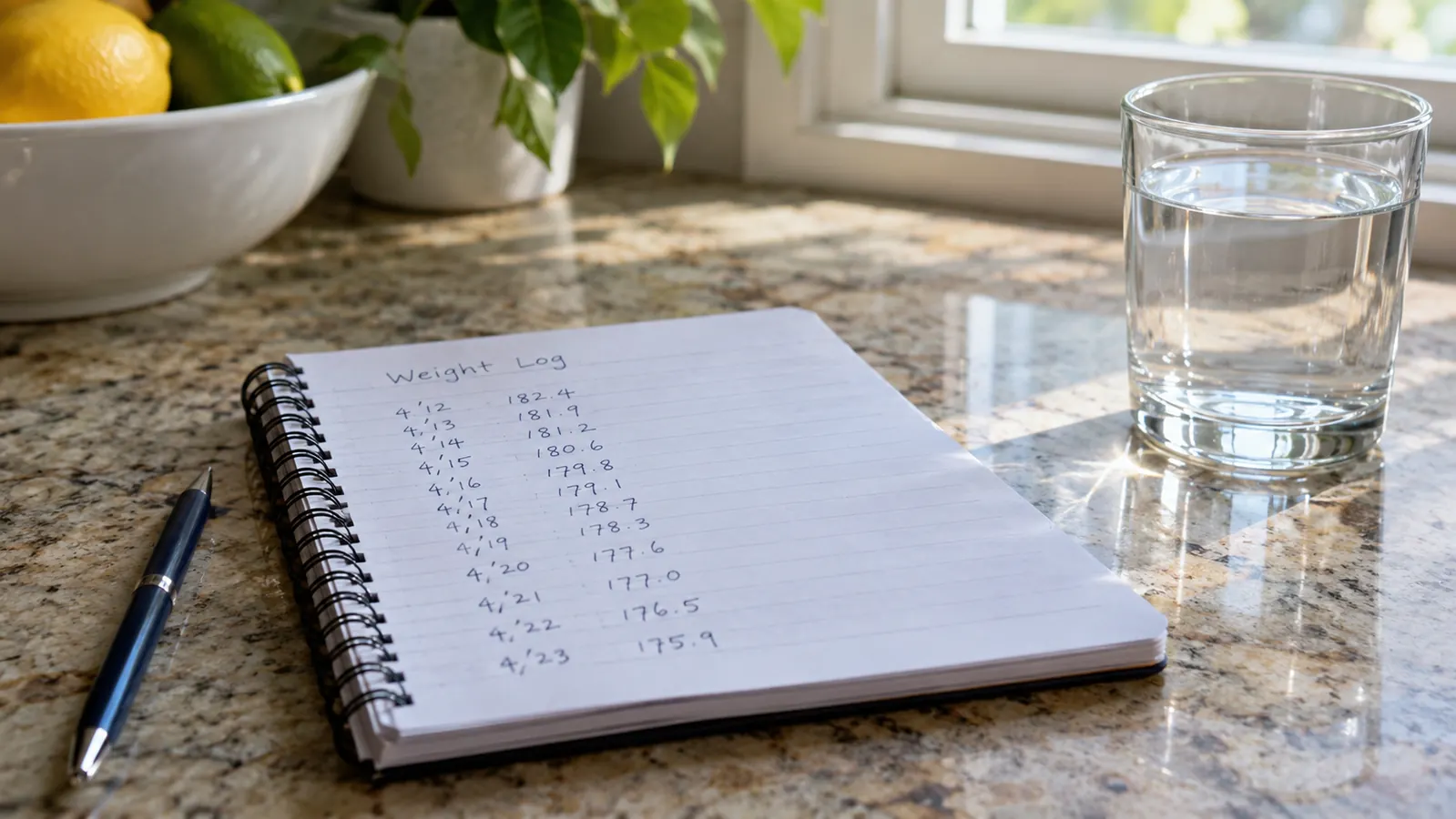 An open spiral notebook with handwritten numbers on a kitchen counter next to a glass of water in the morning
