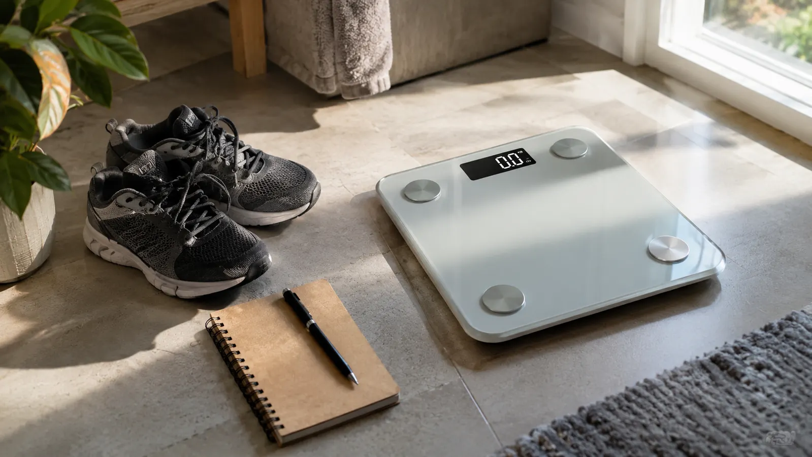 A smart scale on a bathroom floor next to a spiral notebook and walking shoes