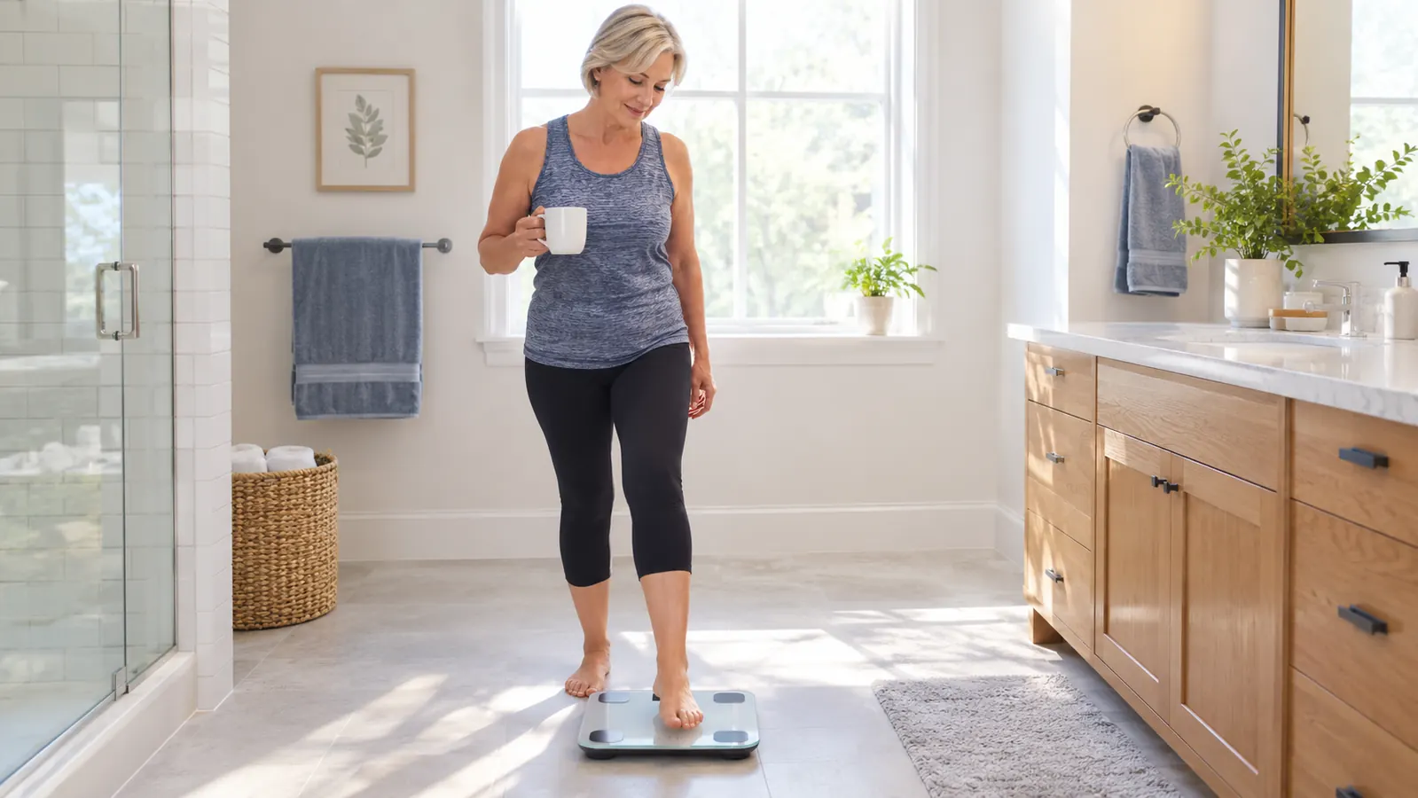 A woman in her late 50s stepping onto a digital bathroom scale while holding a mug.