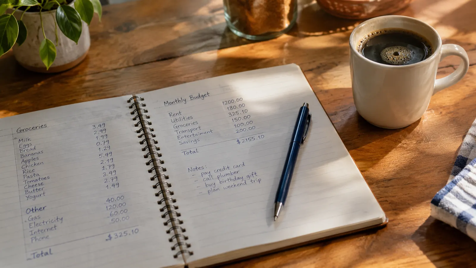 An open spiral notebook with handwritten notes and a pen on a kitchen table next to a cup of coffee.