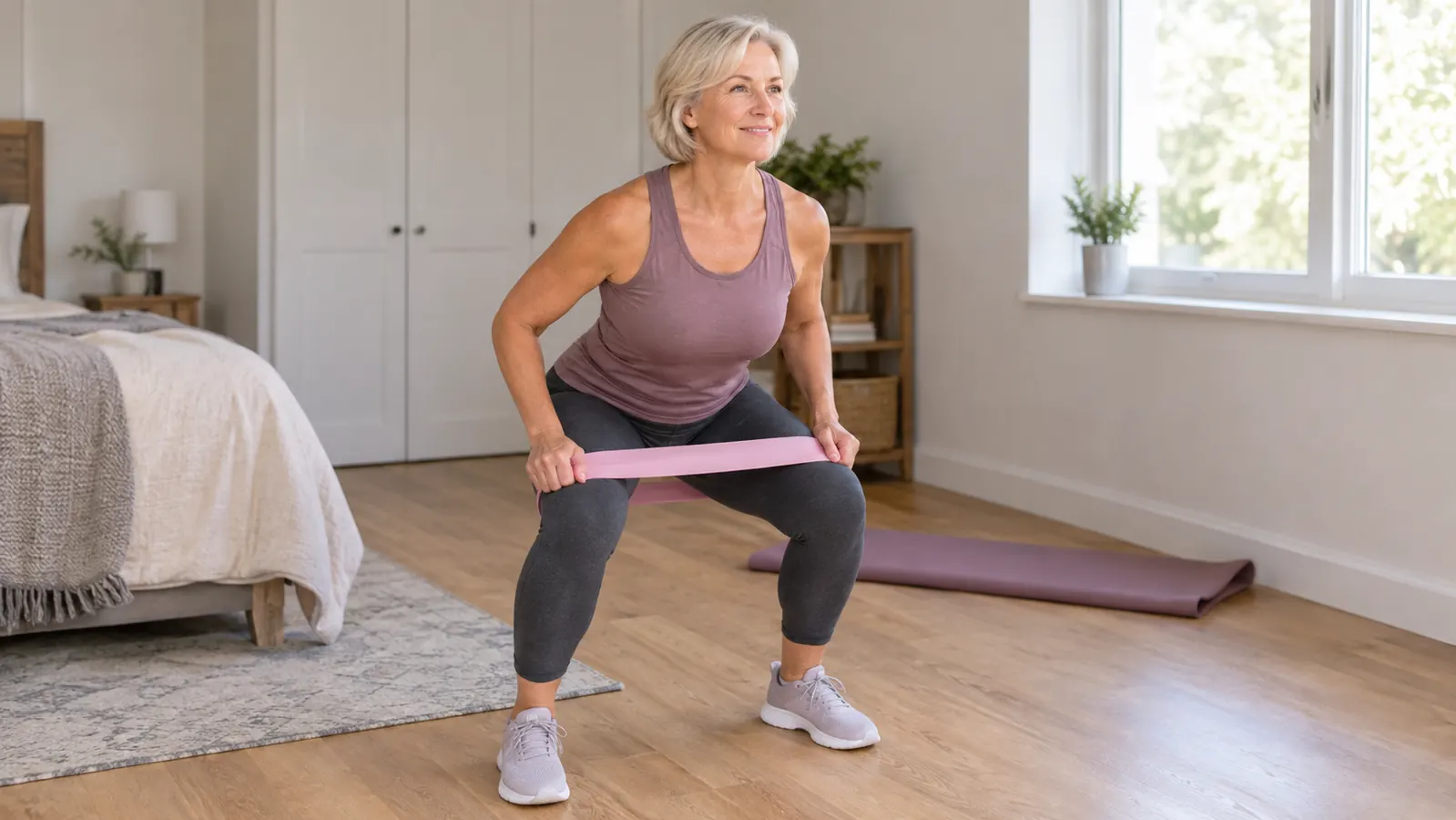 a woman in her late 50s doing a squat with a resistance band around her thighs in a spare bedroom