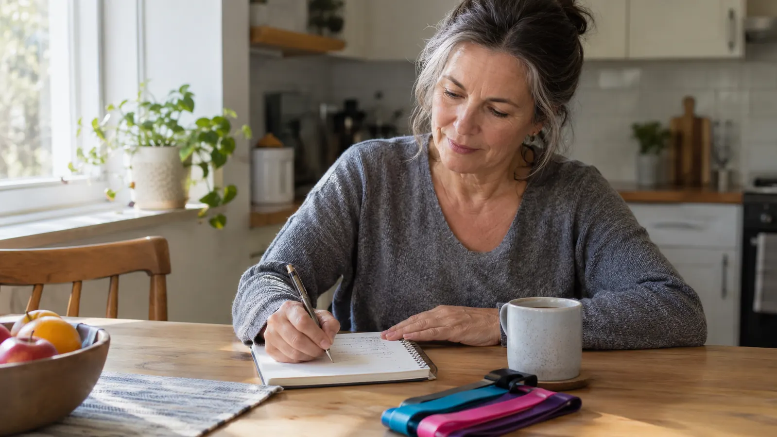 a woman in her late 50s writing in a spiral notebook at a kitchen table with resistance bands nearby