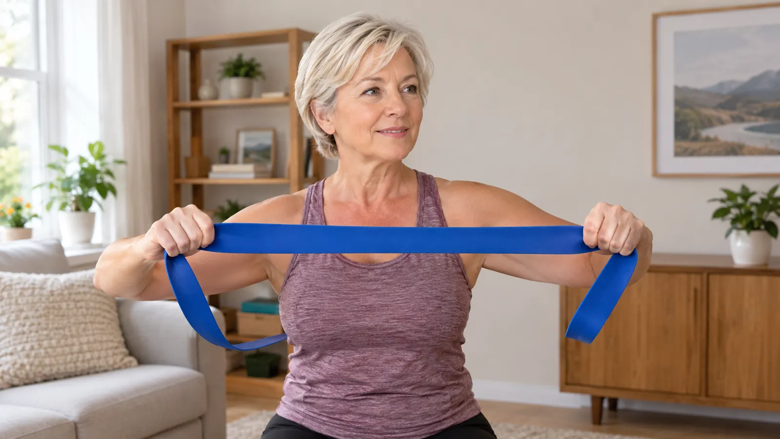 A woman in her late 50s holding a loop resistance band for an upper body exercise, the product in use