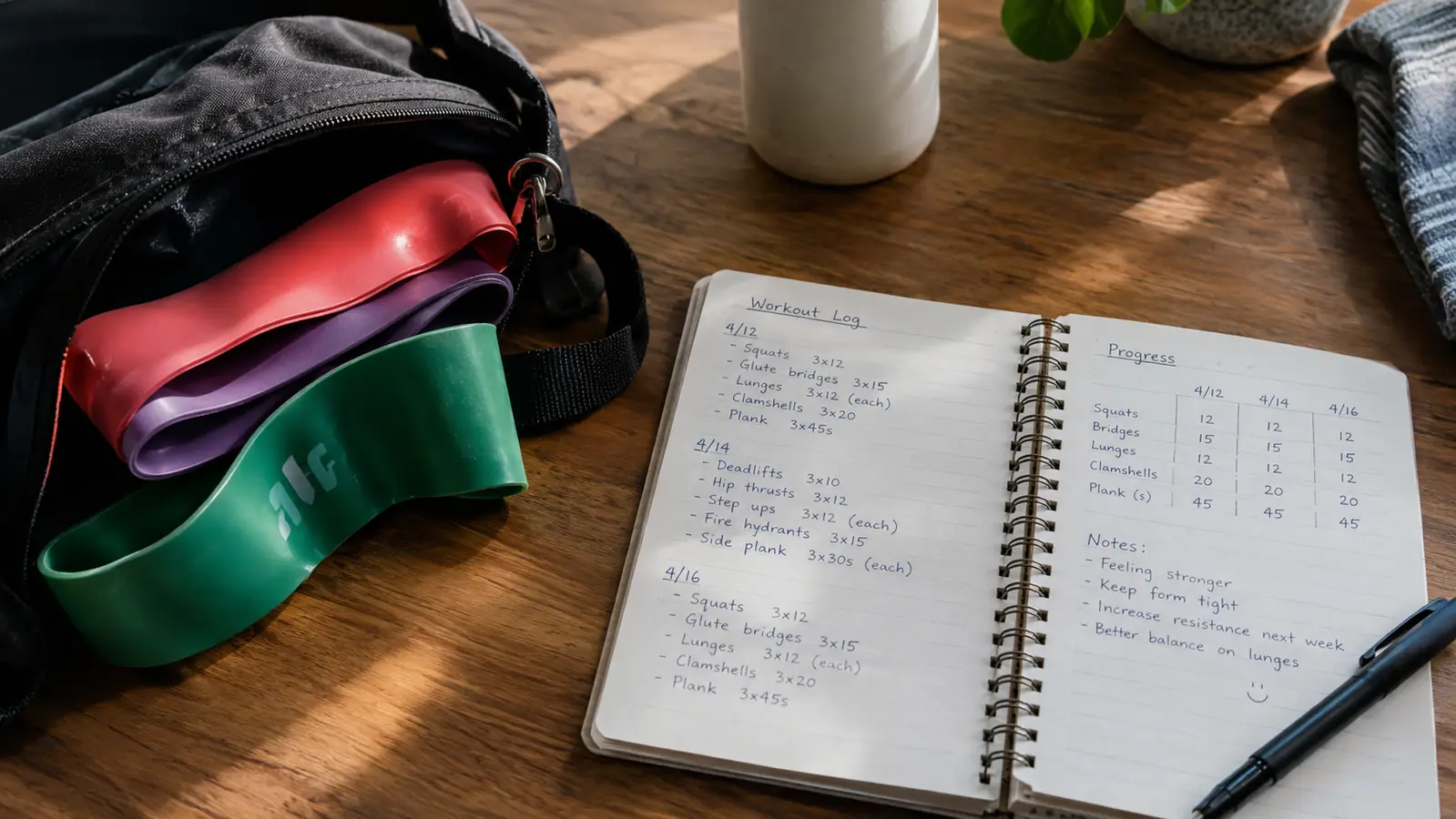 An open spiral notebook with handwritten notes on a kitchen table next to a small carry bag and loop bands
