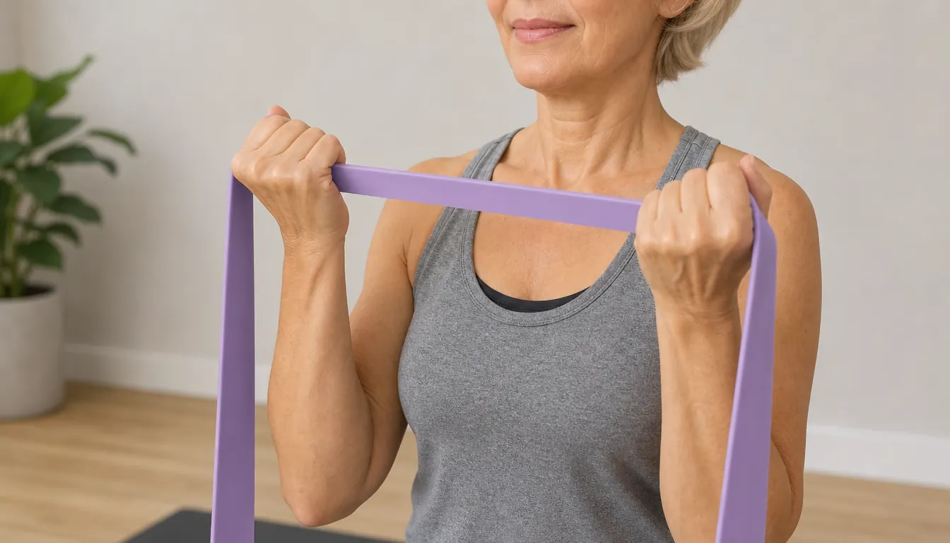 Hands holding a loop resistance band mid exercise during a home strength session.