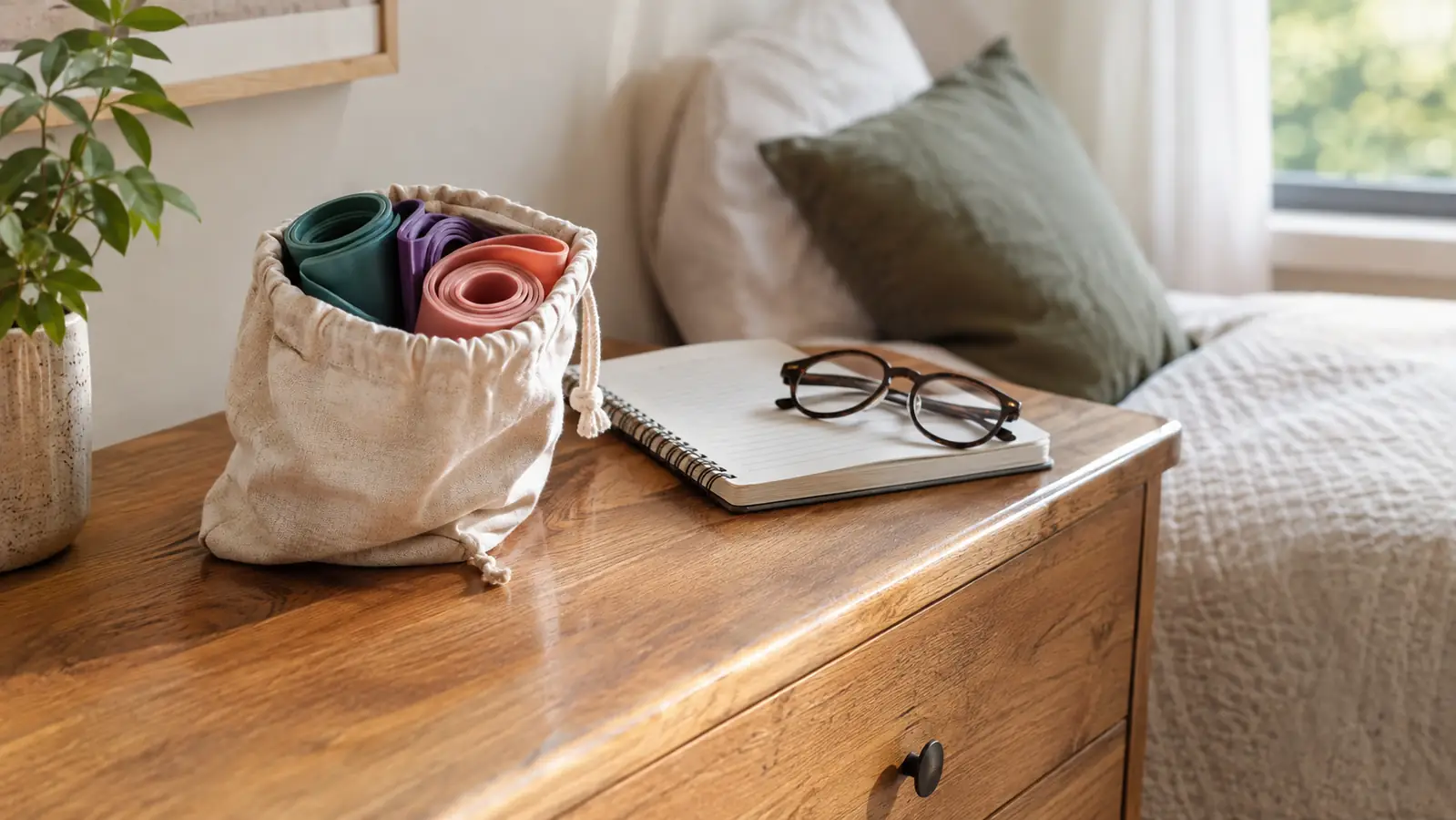 A small cloth carry bag with rolled resistance bands on a dresser beside a spiral notebook and reading glasses.