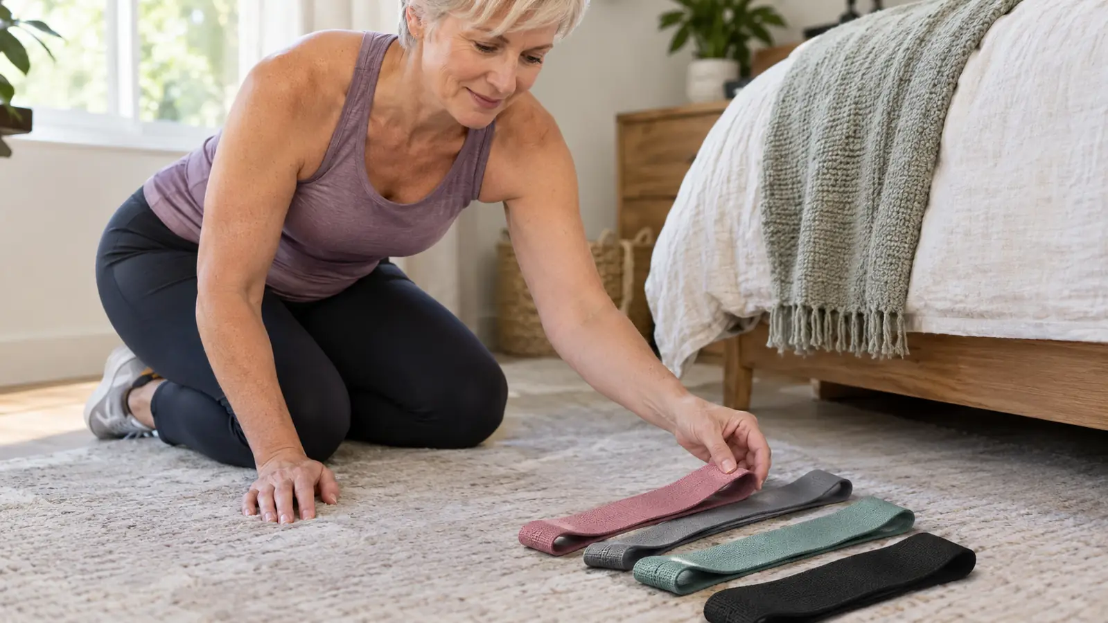 A hand about to pick up a resistance band from a set on a bedroom floor