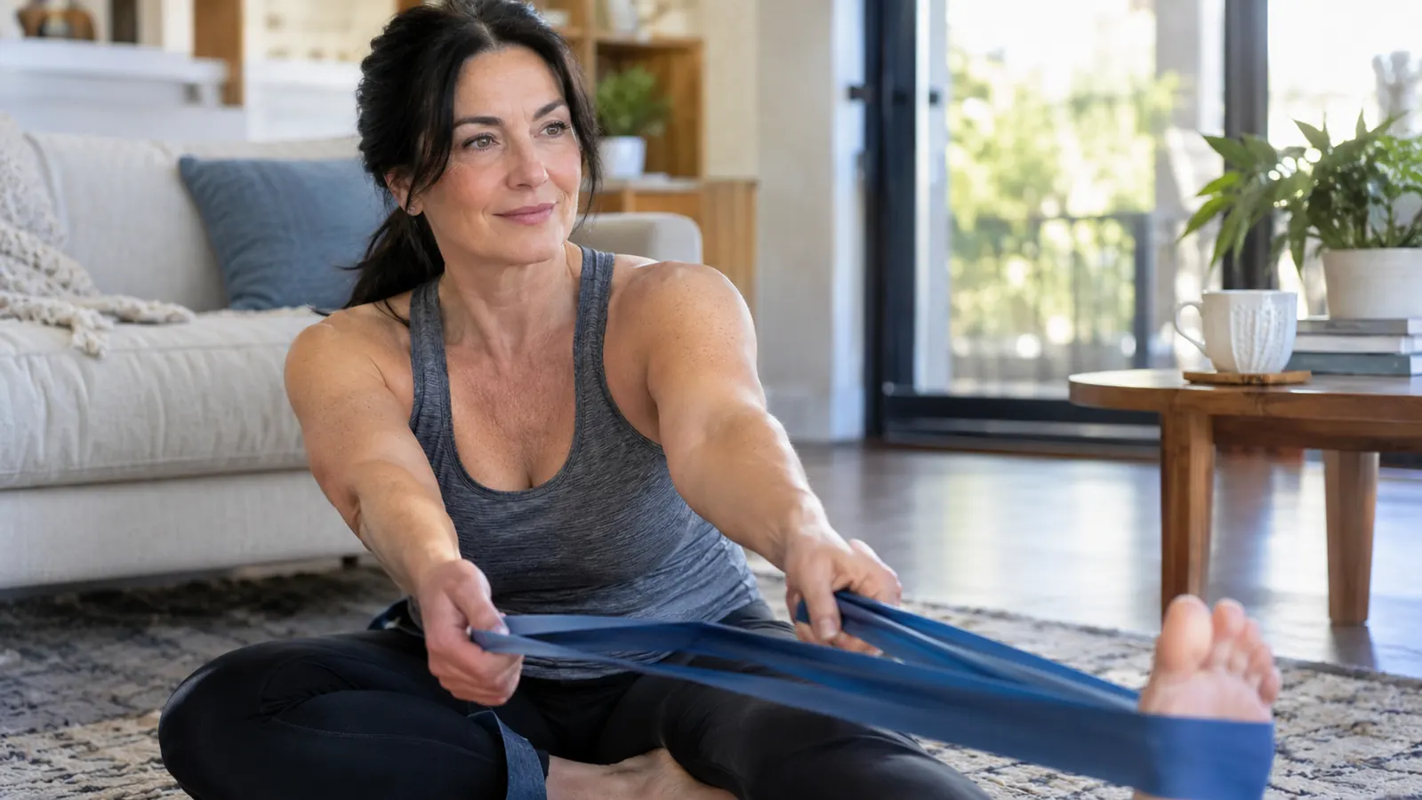 A woman in her late 50s stretching with a band on a living room floor, calm morning light