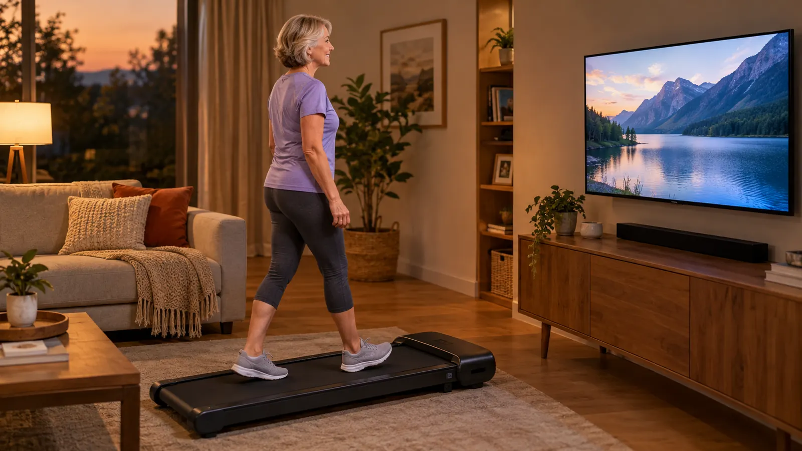 A woman in her late 50s walking at a comfortable pace on a compact treadmill in a living room, watching television, warm evening light