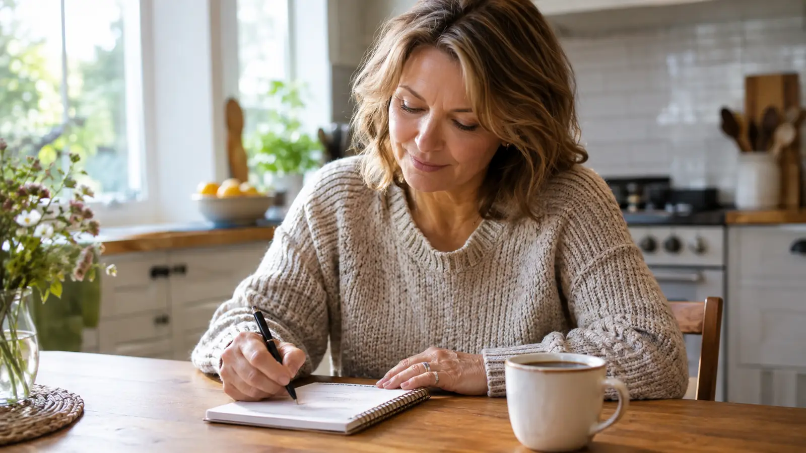 A woman in her late 50s writing in a spiral notebook at a kitchen table with a mug of coffee, morning light