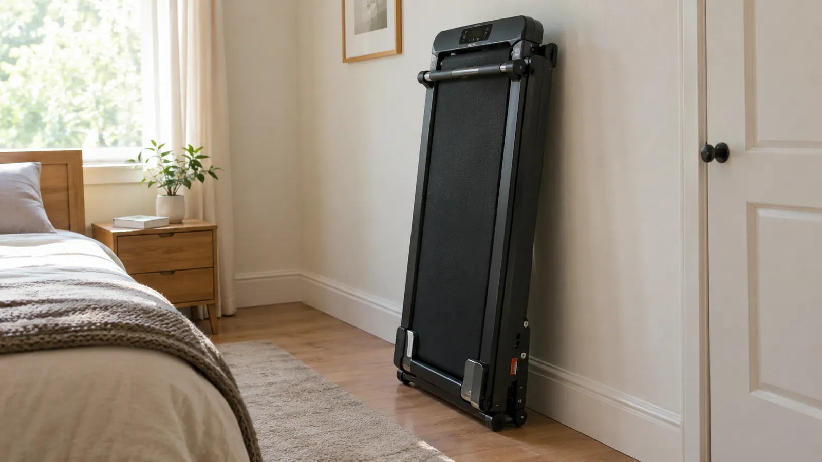 A folded compact treadmill leaning against a wall in a tidy spare bedroom