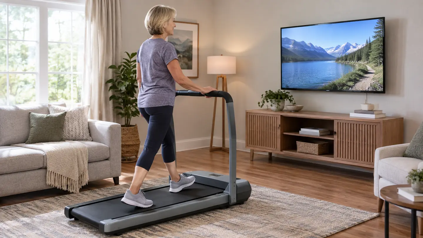 A woman in her late 50s walking on the pad with one hand resting on the handle bar