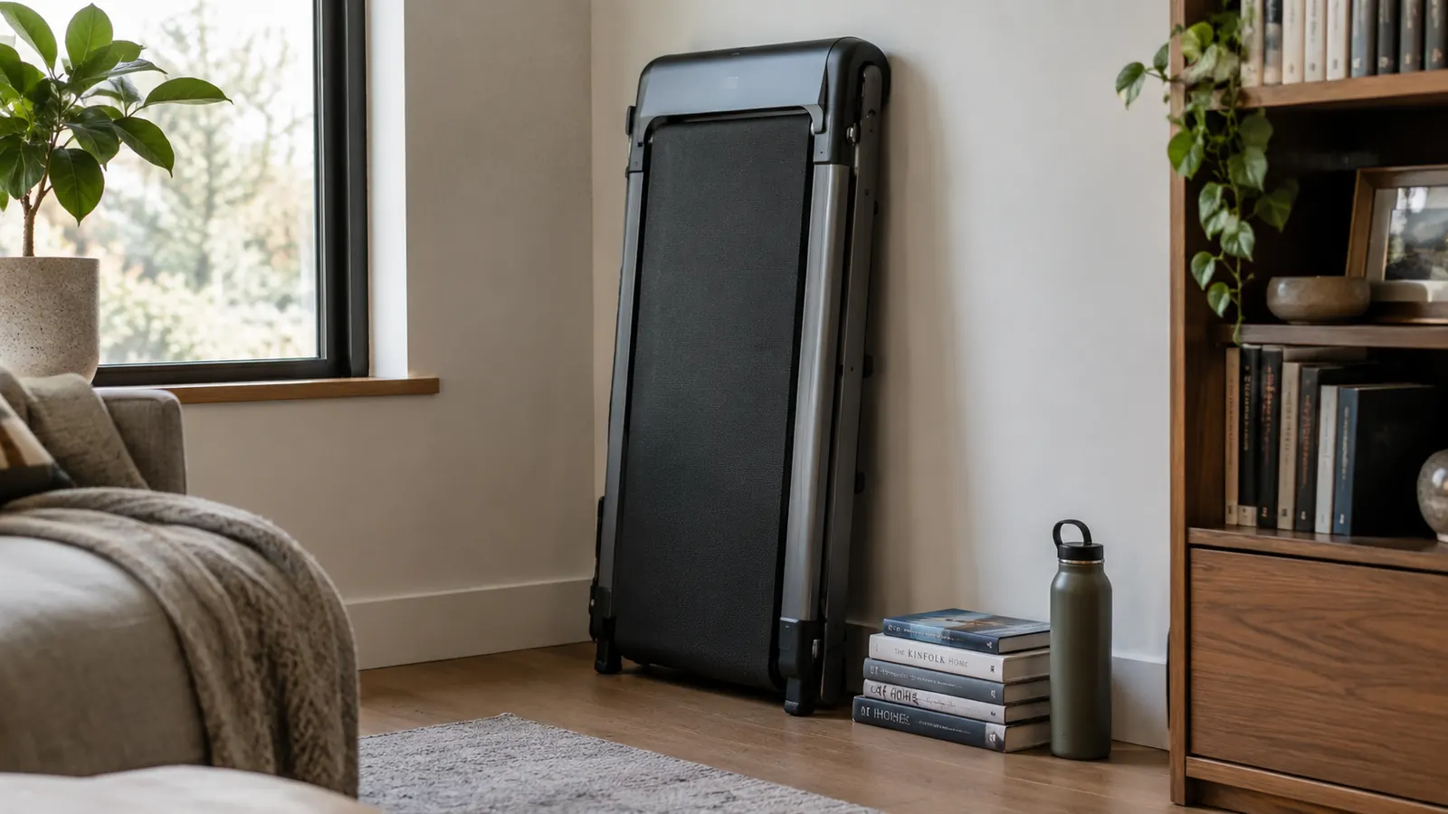 The folding walking pad folded and standing upright against a wall in a home den