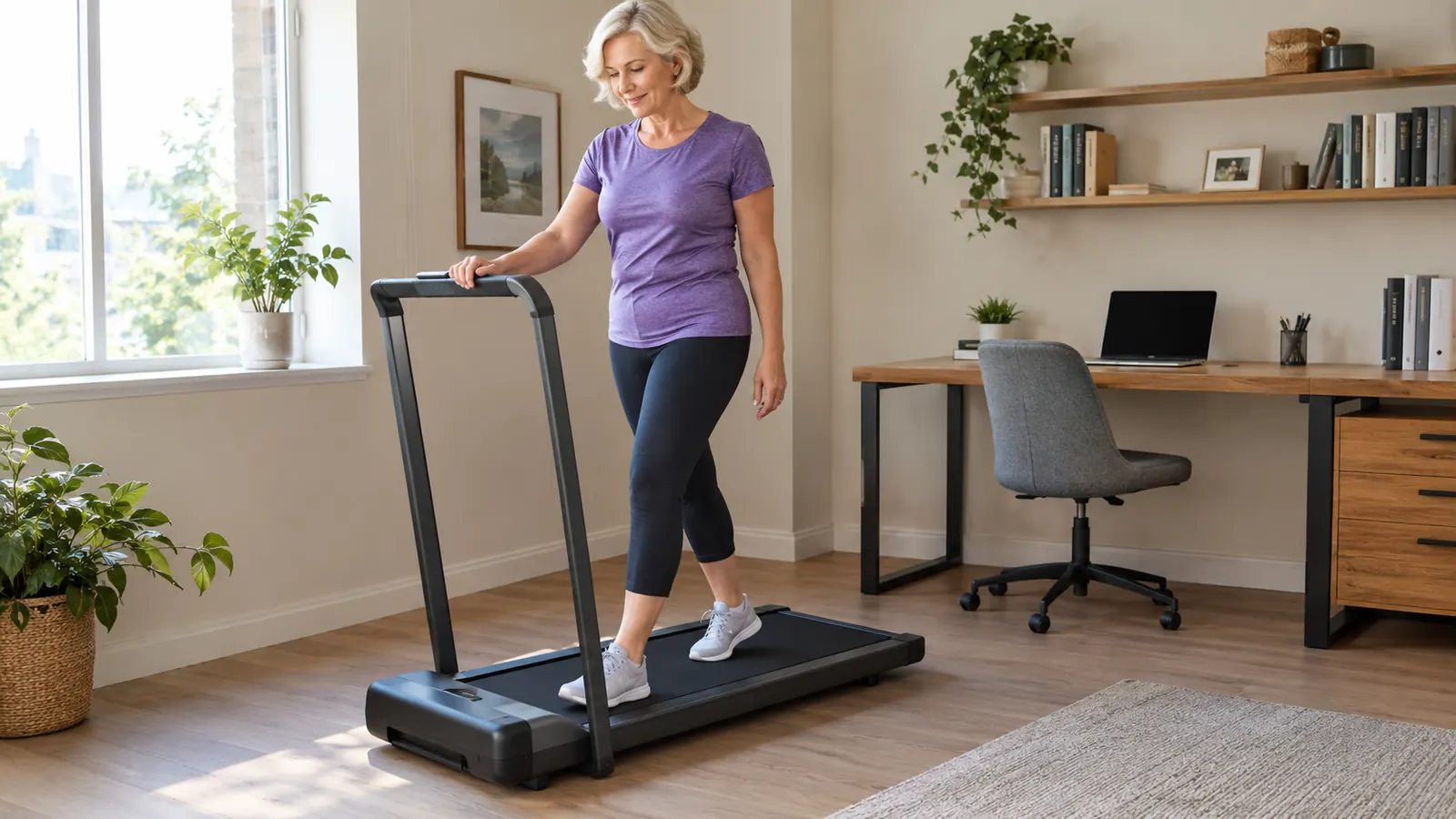 A woman in her late 50s stepping onto the folding walking pad, one hand on the handle bar, in a home office corner