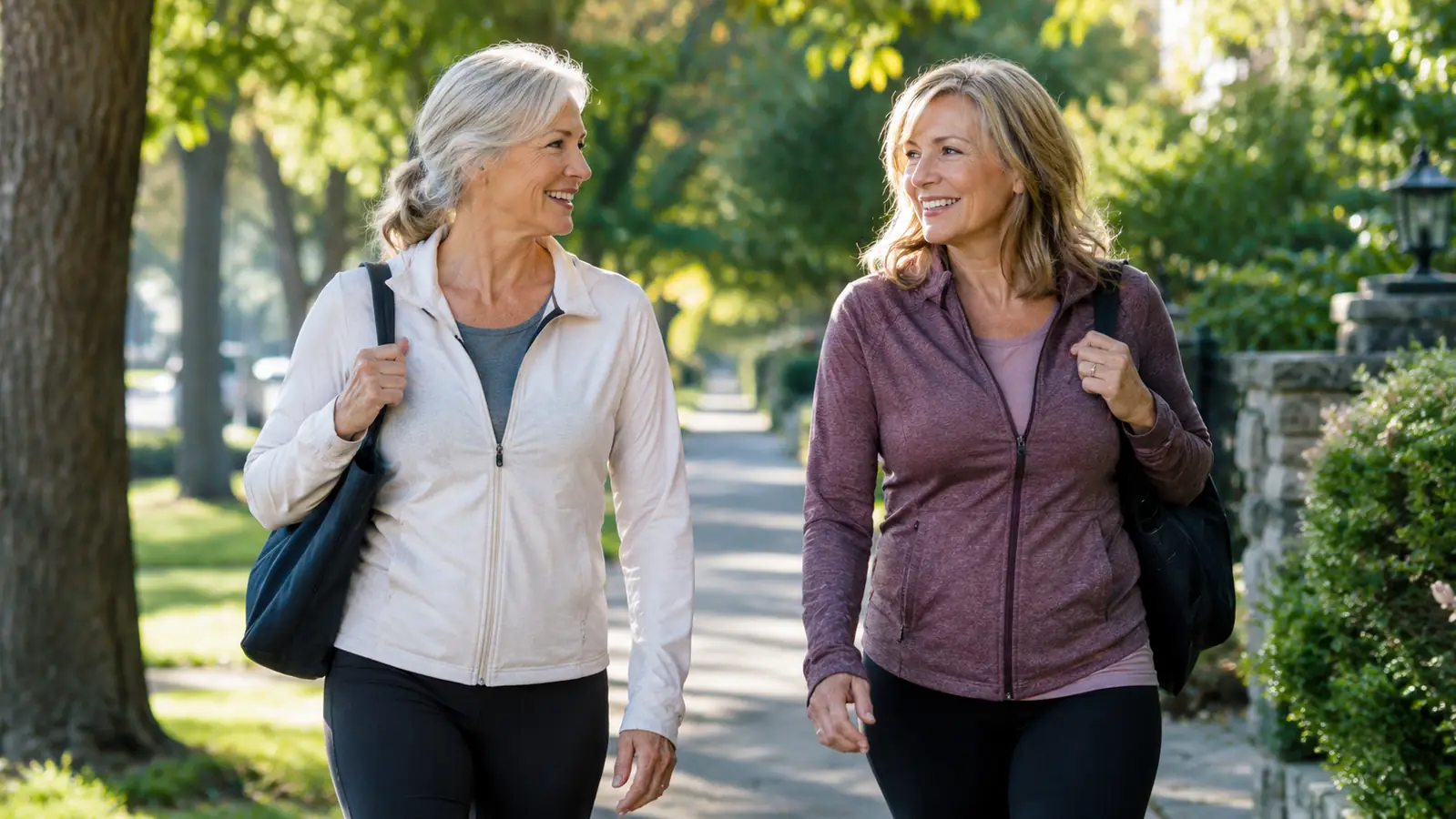 Two women in their late 50s walking side by side on a tree-lined neighborhood sidewalk in the morning