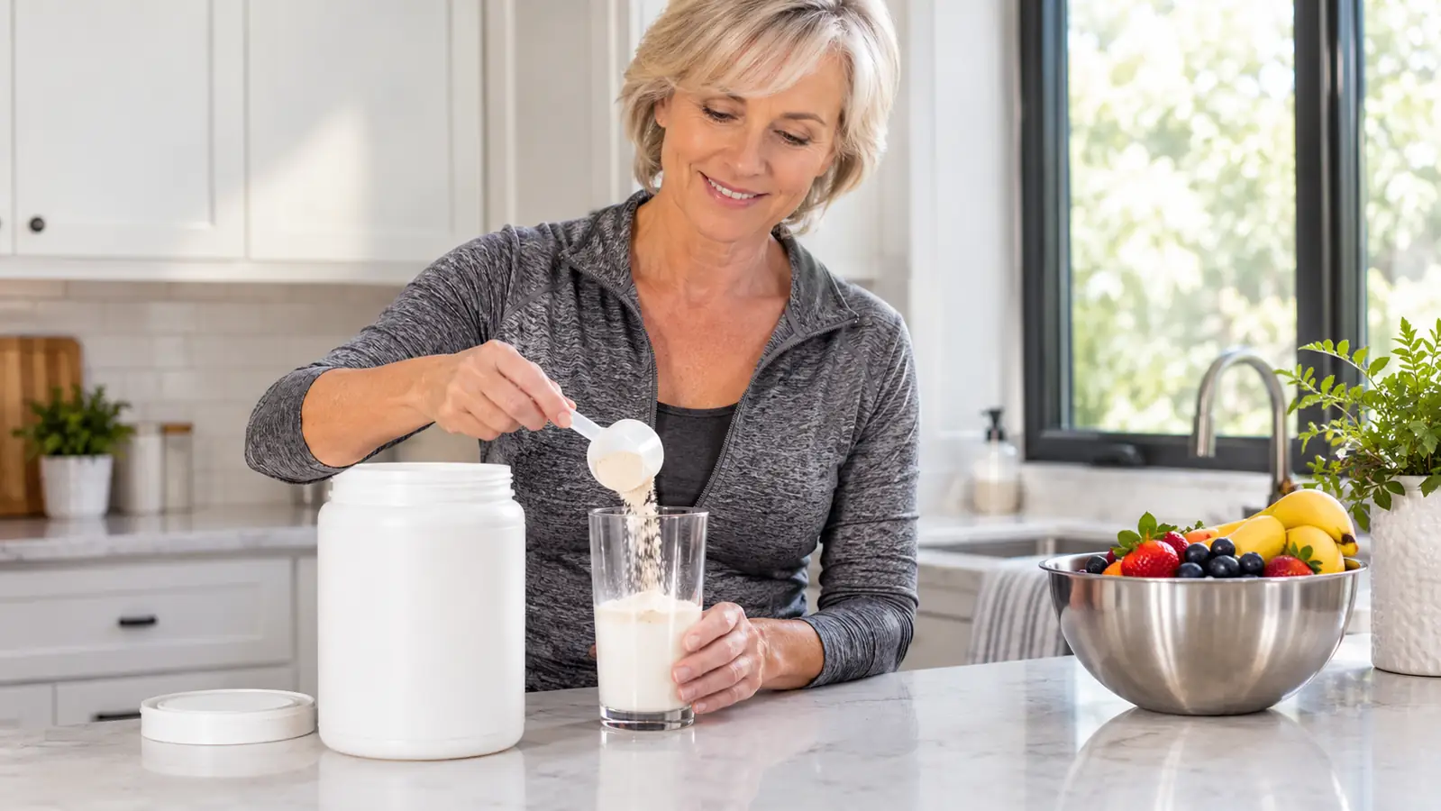 a woman in her late 50s scooping protein powder from an open tub into a glass on a kitchen counter
