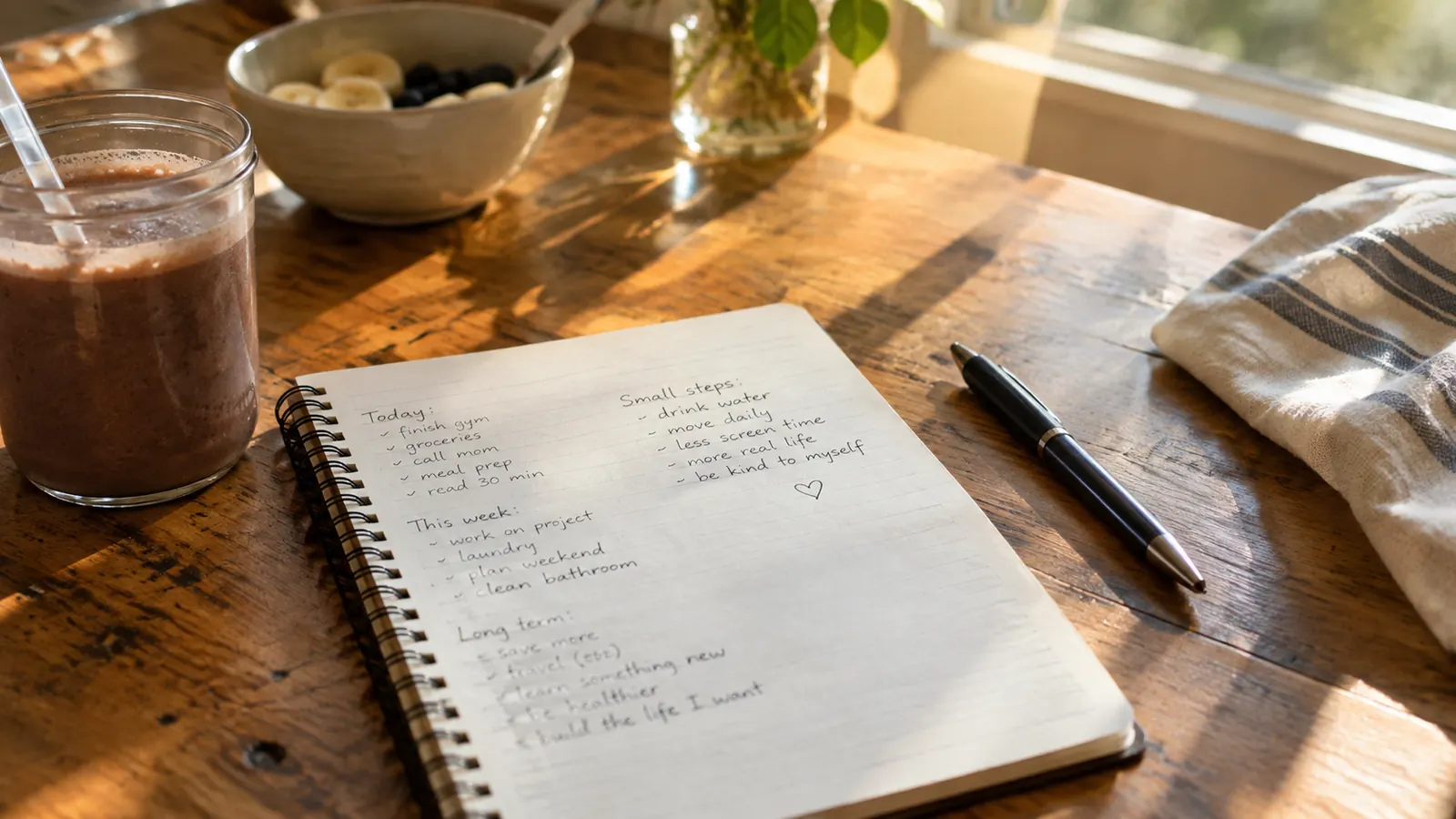 an open spiral notebook with a pen on a kitchen table beside a glass of chocolate shake