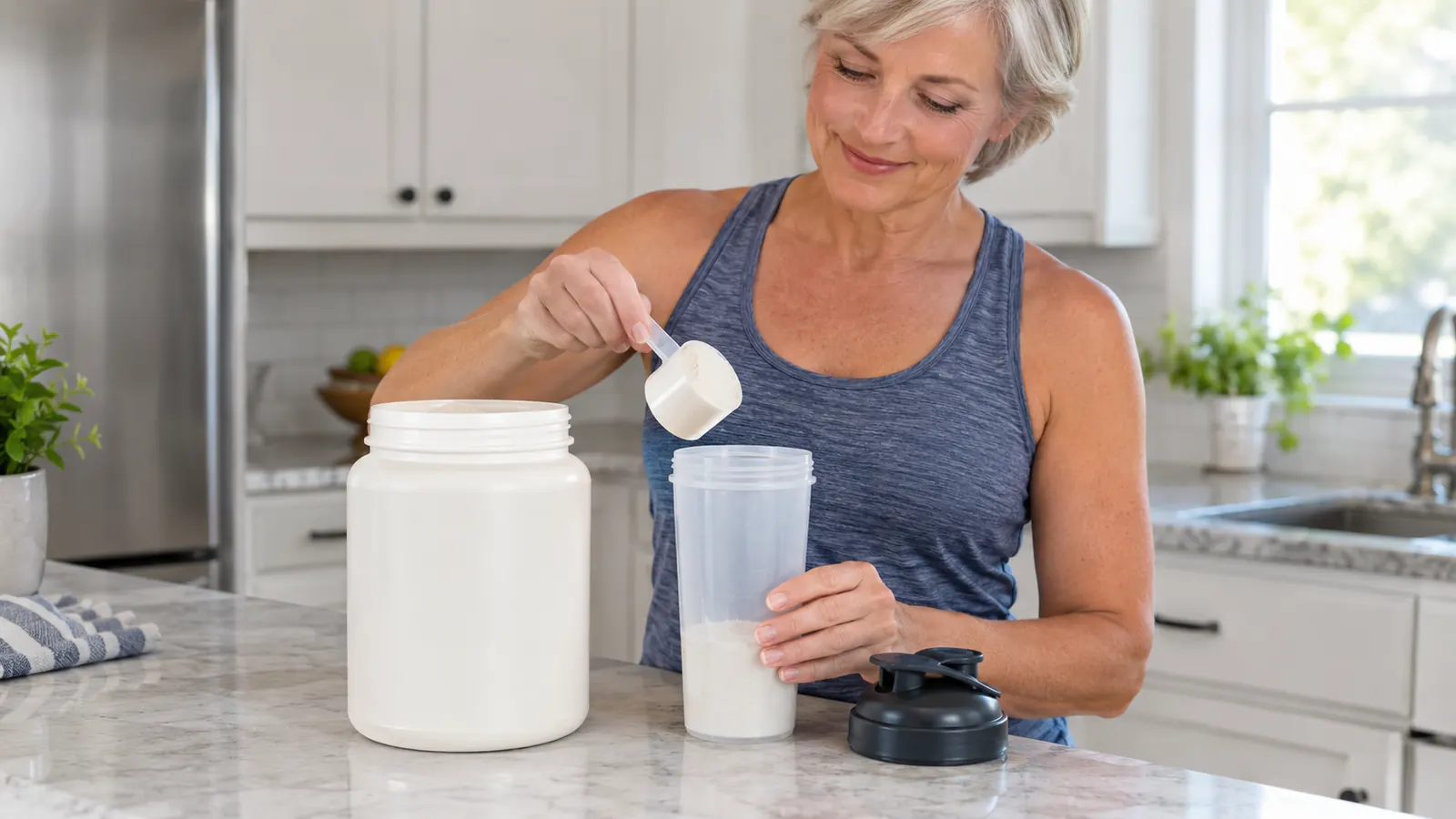 A person's hand adding a scoop of protein powder to a shaker bottle on a kitchen counter