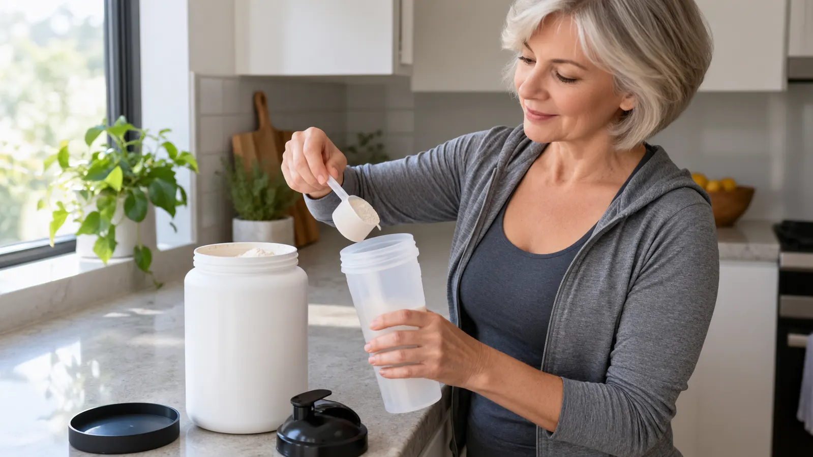 A hand scooping protein powder into a shaker bottle on a kitchen counter