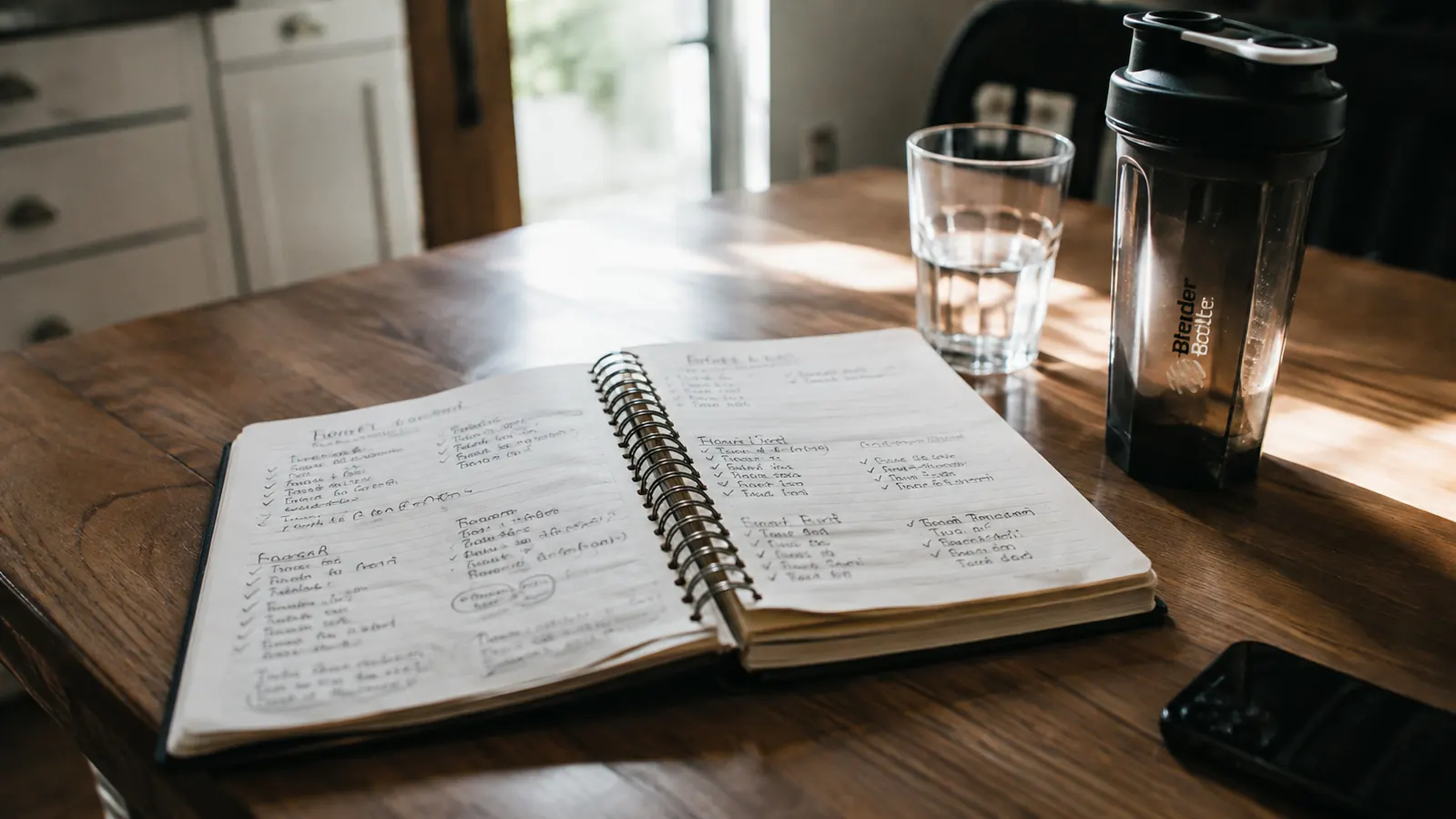 An open spiral notebook with handwritten notes beside a glass and a shaker bottle on a kitchen table