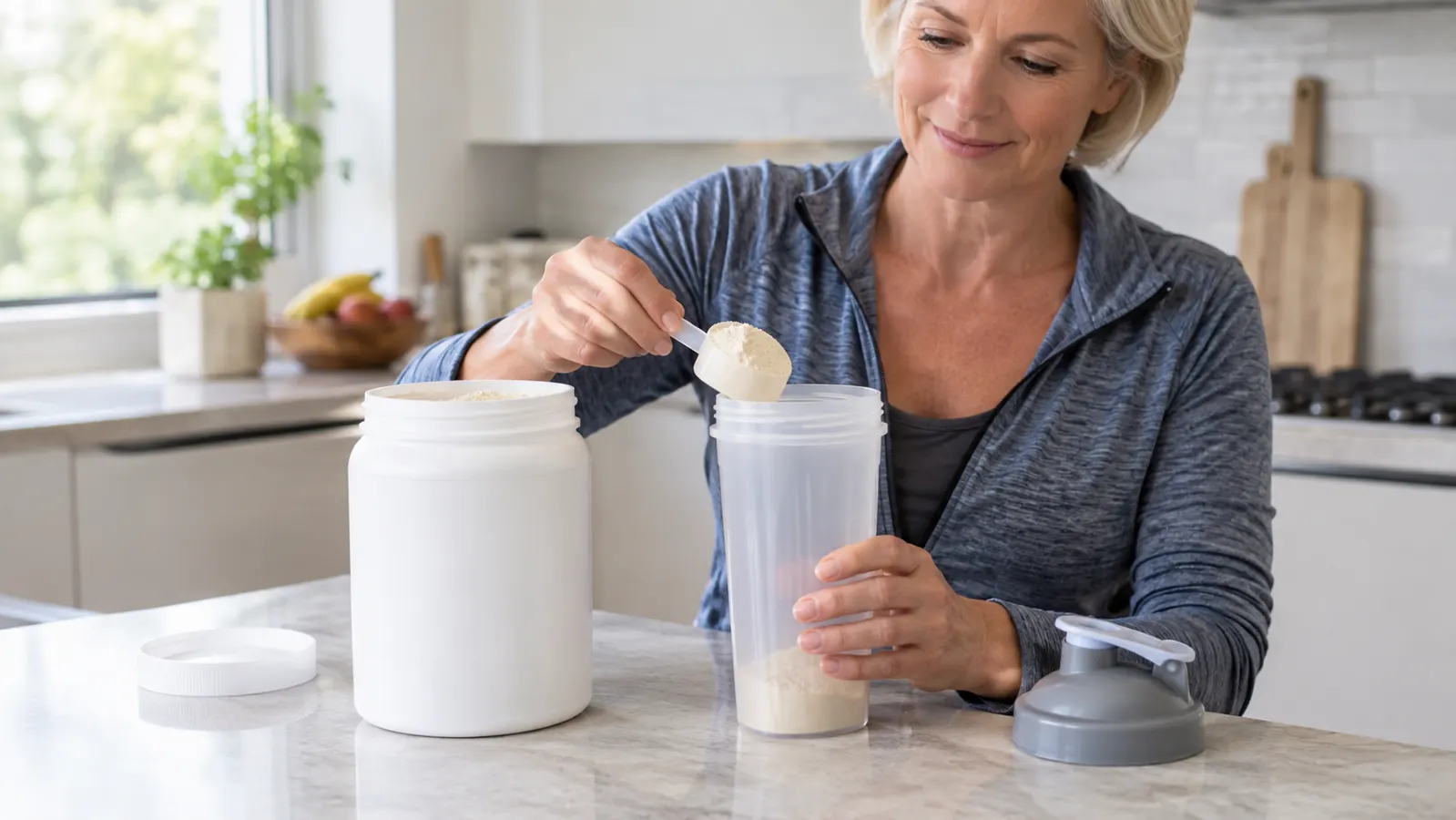 A hand scooping protein powder from a container into a clear shaker bottle on a kitchen counter