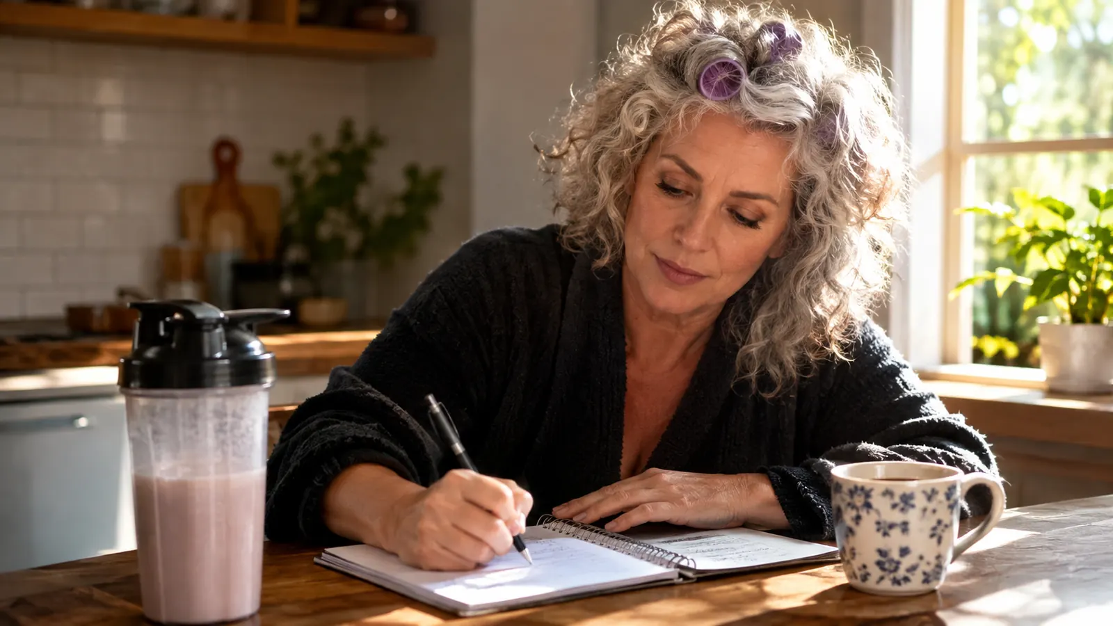 A woman in her late 50s sitting at a kitchen table writing in a spiral notebook with a protein shaker bottle and a cup of coffee nearby