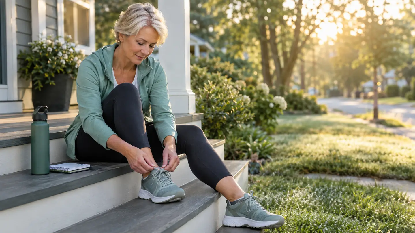 A woman in her late 50s laces up her walking shoes on a front porch step at sunrise, a water bottle and notebook beside her
