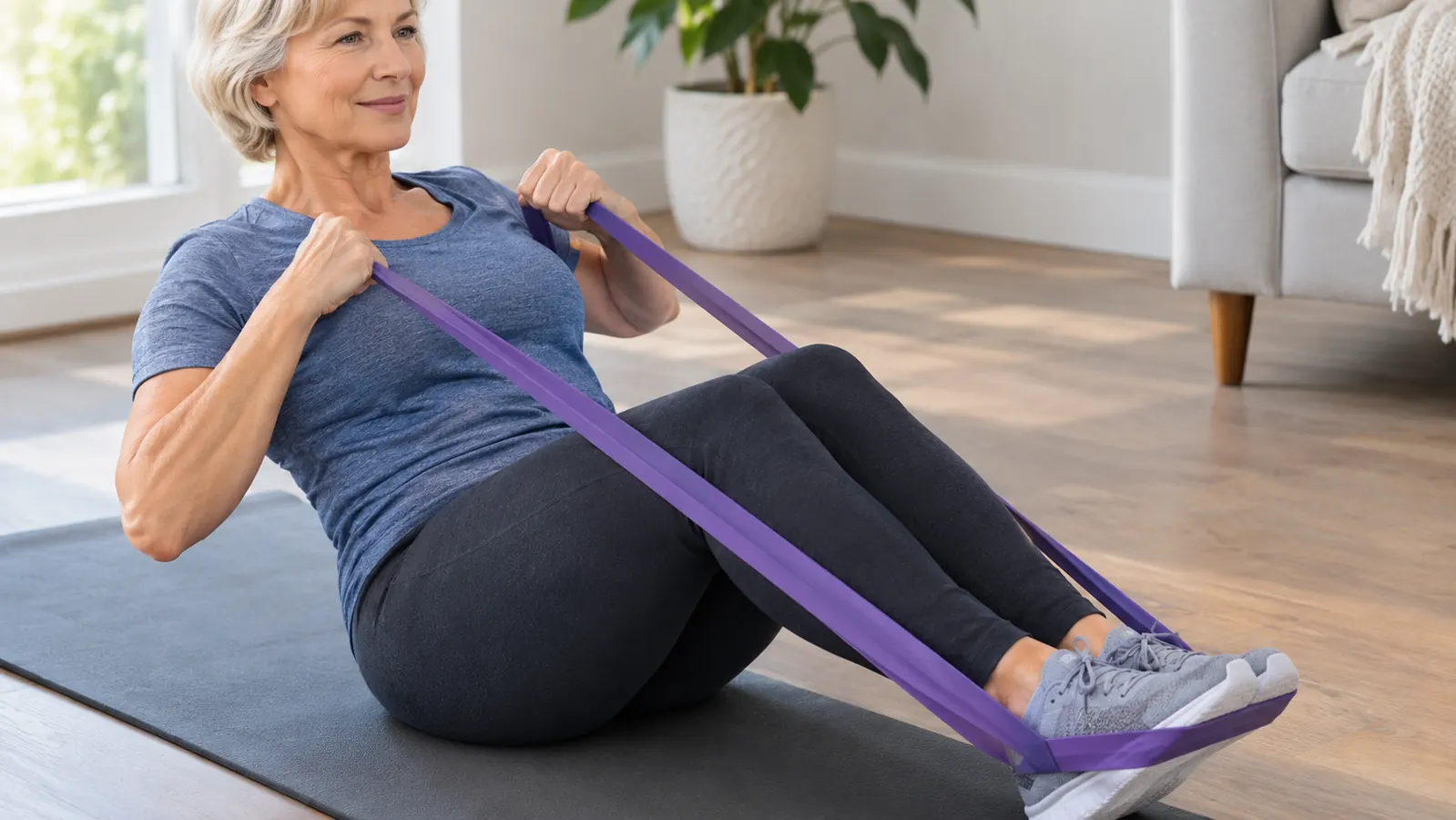 Close view of a person's hands holding a resistance loop band stretched between the feet and chest