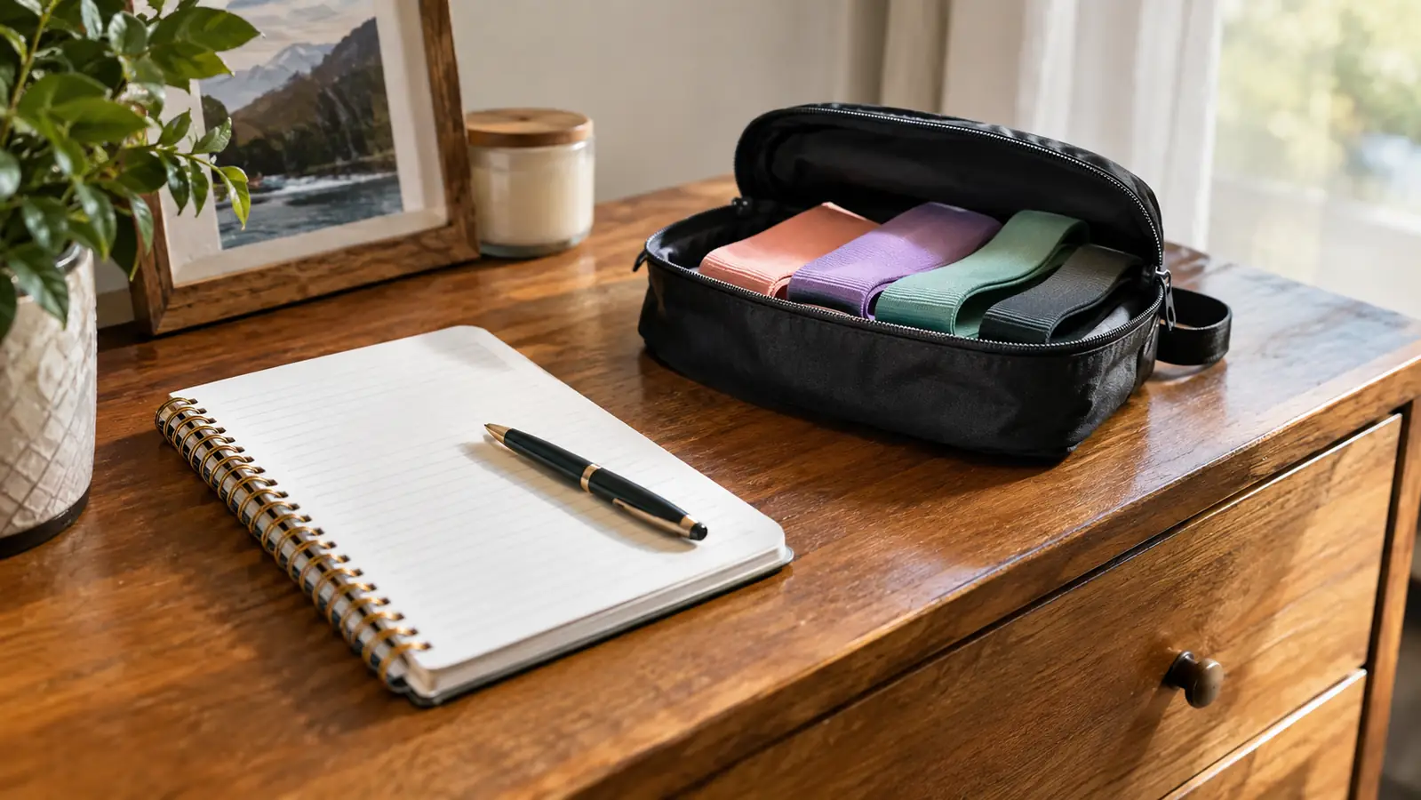 A spiral notebook and pen on a dresser next to a small carry bag holding resistance bands