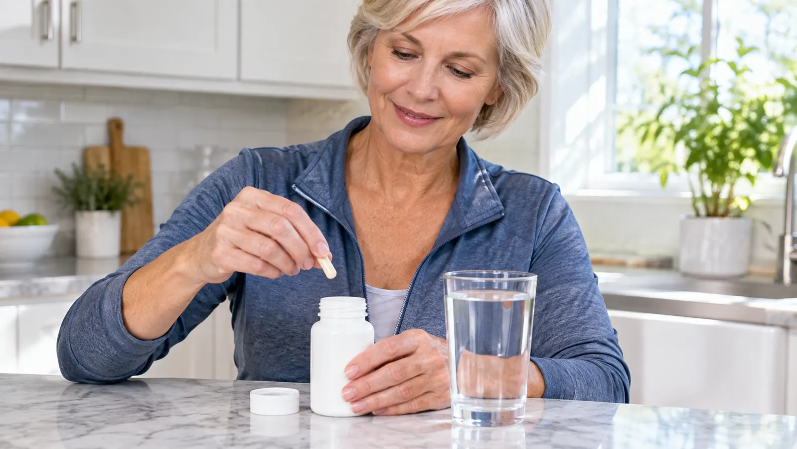 A hand taking a single capsule from a small supplement bottle on a kitchen counter beside a full glass of water