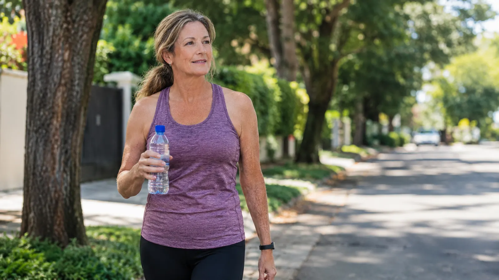A woman in her late 50s on a morning walk on a quiet residential street, holding a water bottle