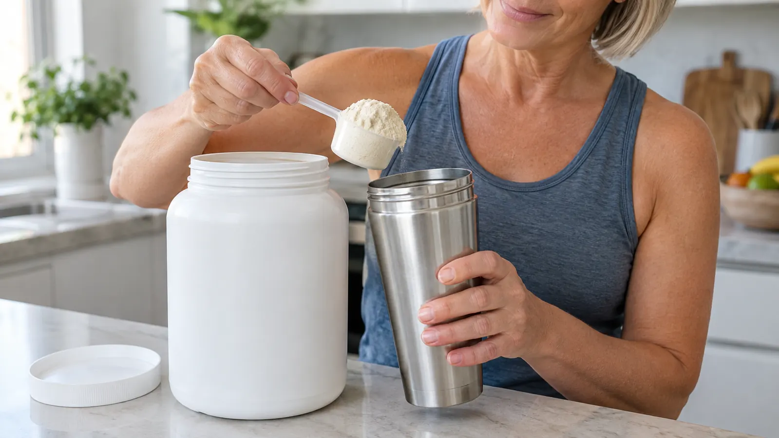 A hand scooping whey protein powder into a shaker bottle on a kitchen counter.