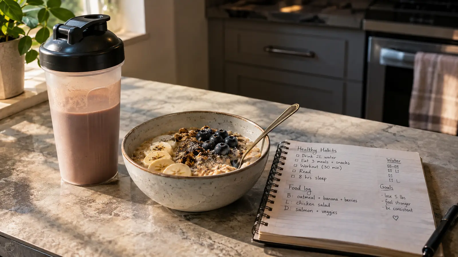 A shaker bottle and a bowl of oatmeal on a kitchen counter beside an open spiral notebook with handwritten notes.