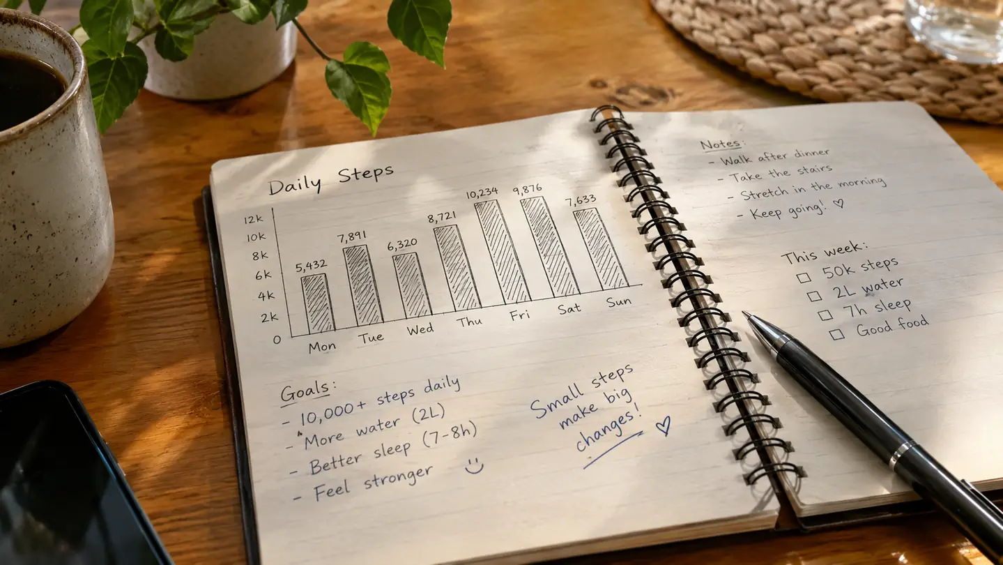 A spiral notebook open to a page with a hand drawn step chart and notes, a pen resting on the page
