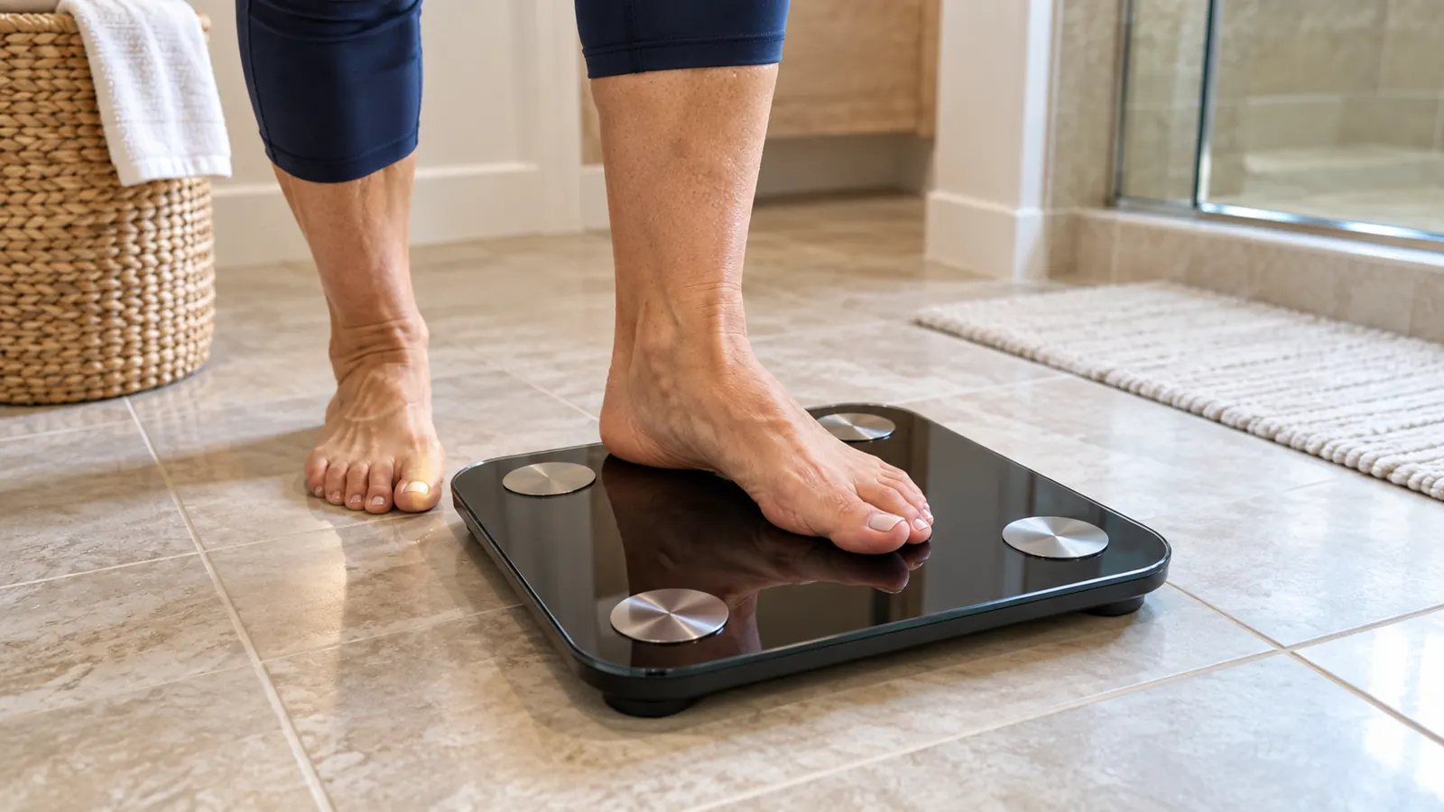 A close view of a smart scale on a bathroom floor with a bare foot about to step onto it