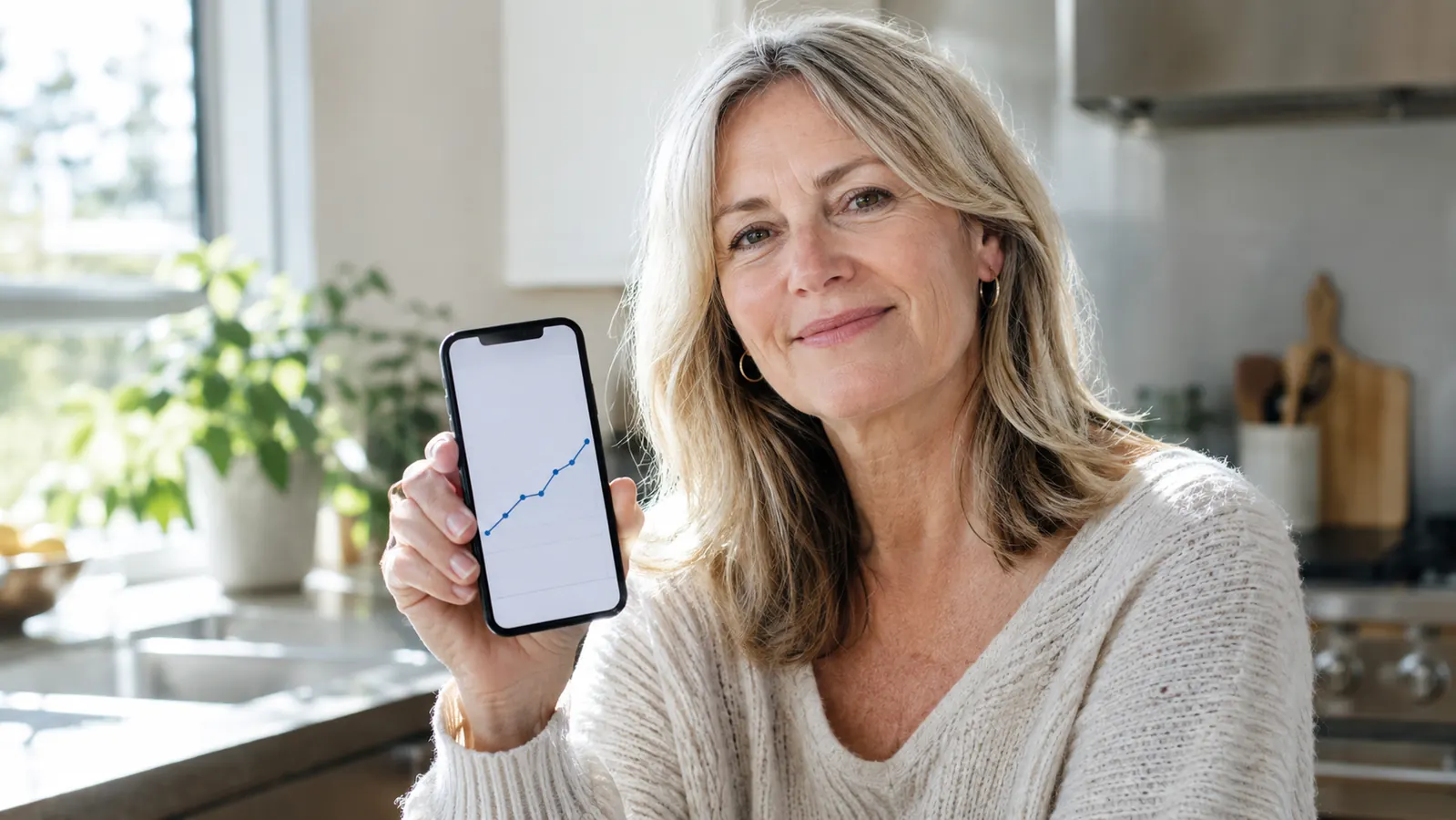 A woman in her late 50s standing in a kitchen holding a phone and looking at a line graph on the screen