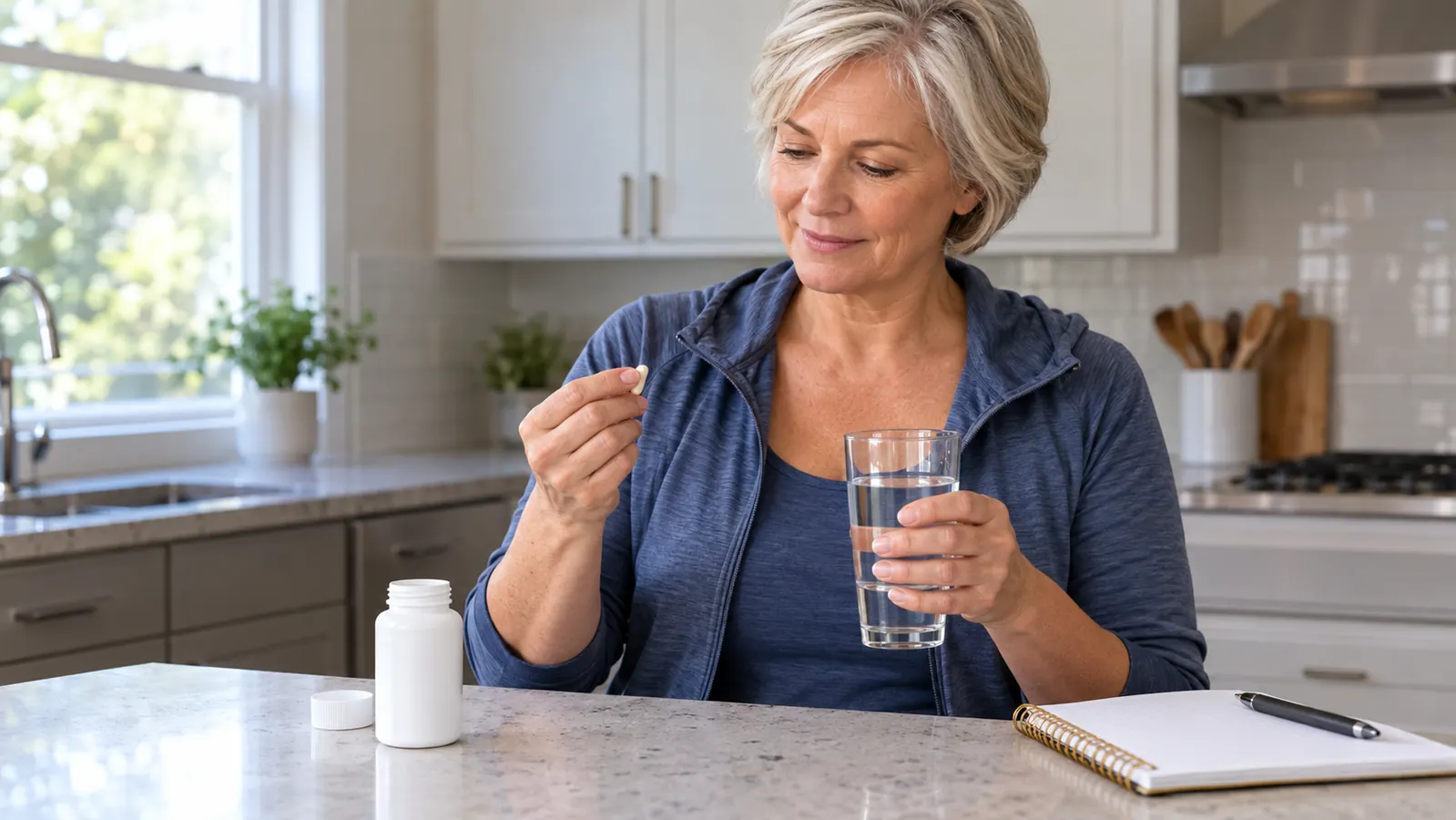 A woman in her late 50s in a kitchen holding a supplement bottle and a glass of water