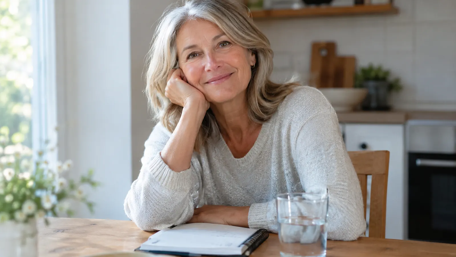A woman in her late 50s sitting at a kitchen table with a spiral notebook and a glass of water, looking content